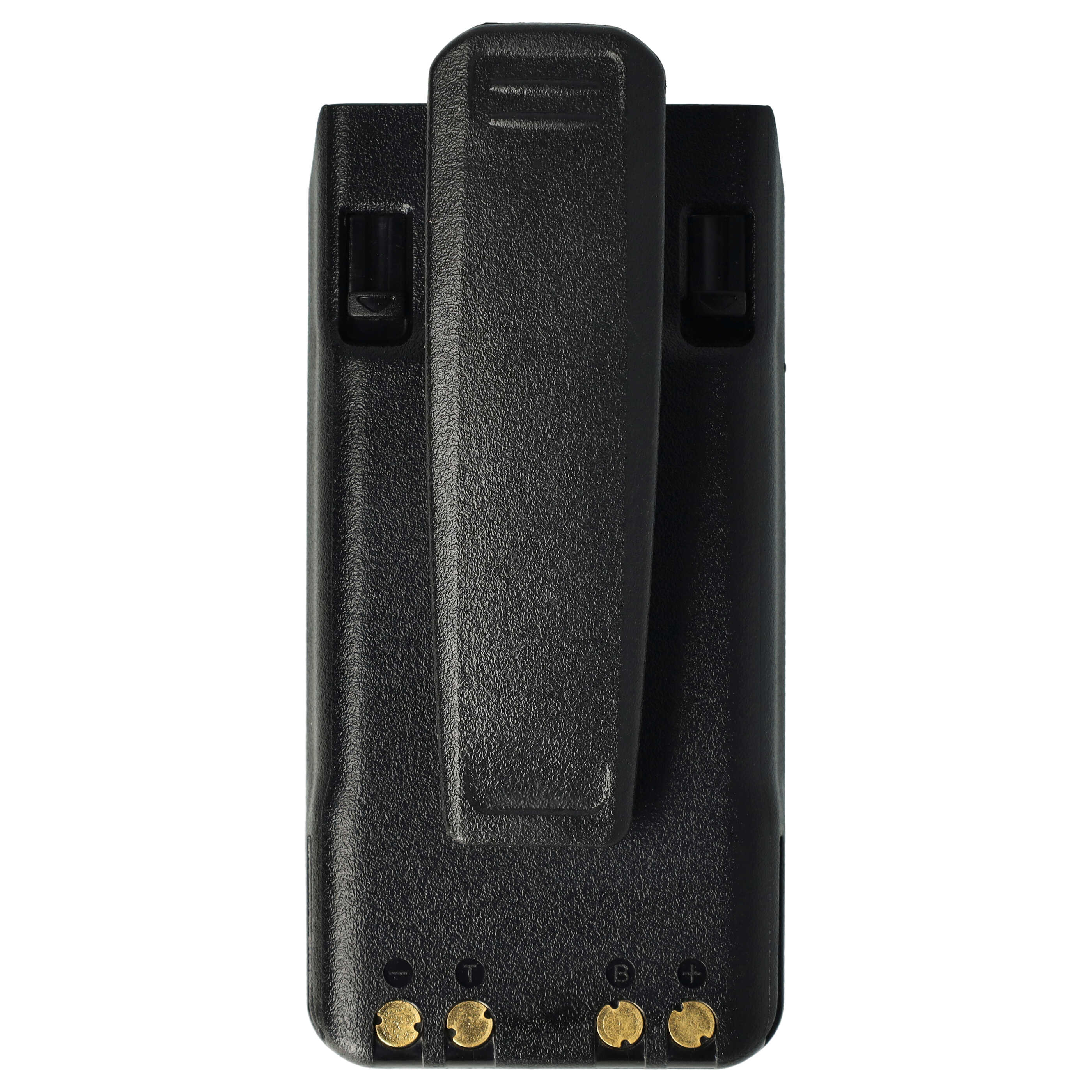 Schwarzer Funkgeräte-Akkupack mit Gürtelclip. Goldene Anschlüsse unten. Isoliert auf Weiß.