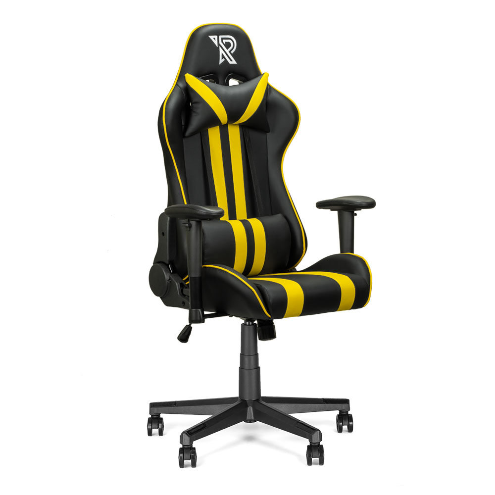 Gamingstoel met zwart en geel design. Voorzien van hoofdsteun, armleuningen en wielen. De stoel heeft gele strepen.