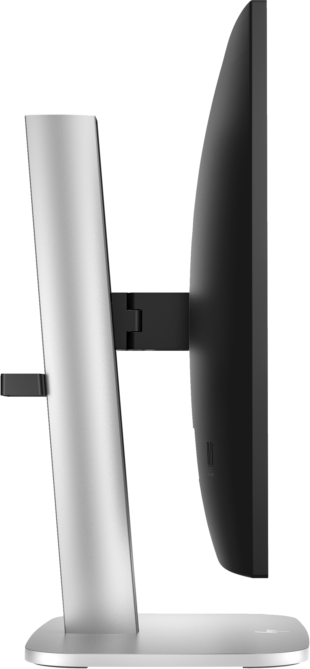 Widok z boku monitora komputerowego. Ma czarny ekran, srebrną podstawę i czarny zawias.