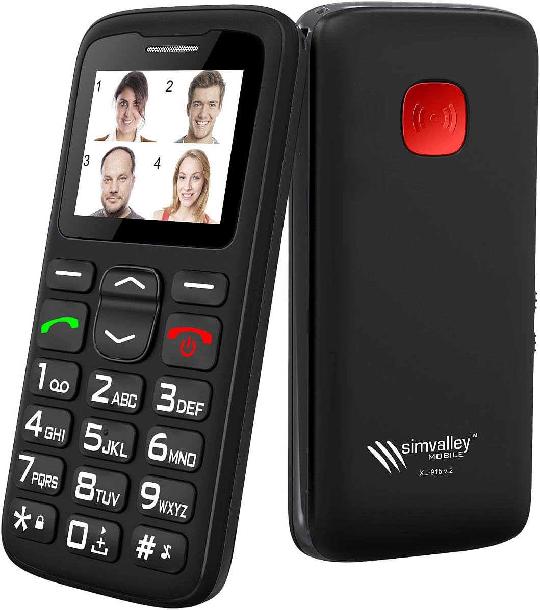Schwarzes Mobiltelefon mit großen Tasten und einem Bildschirm, der vier Gesichter zeigt. Rückseite mit roter Taste.