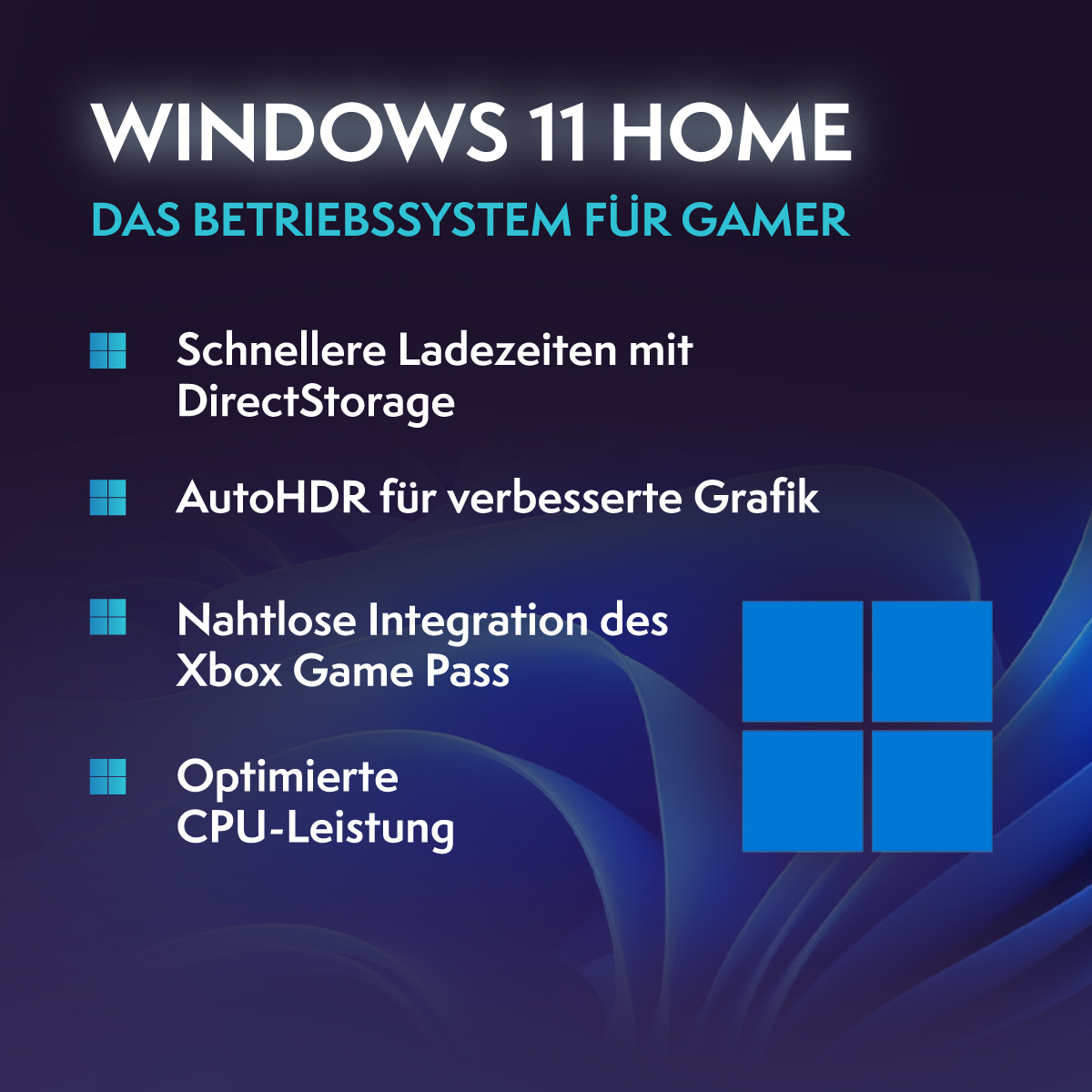 Un anuncio de Windows 11 Home. Presenta el logo, características principales y la frase 'Das Betriebssystem für Gamer'.