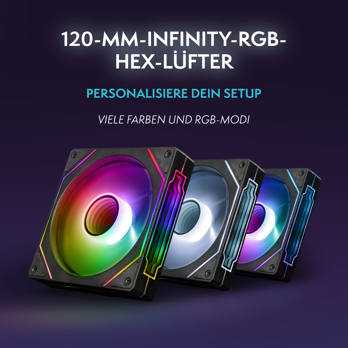 Tres ventiladores RGB para computadora con diferentes combinaciones de colores. El texto superior dice '120-MM-INFINITY-RGB-HEX-LÜFTER'.