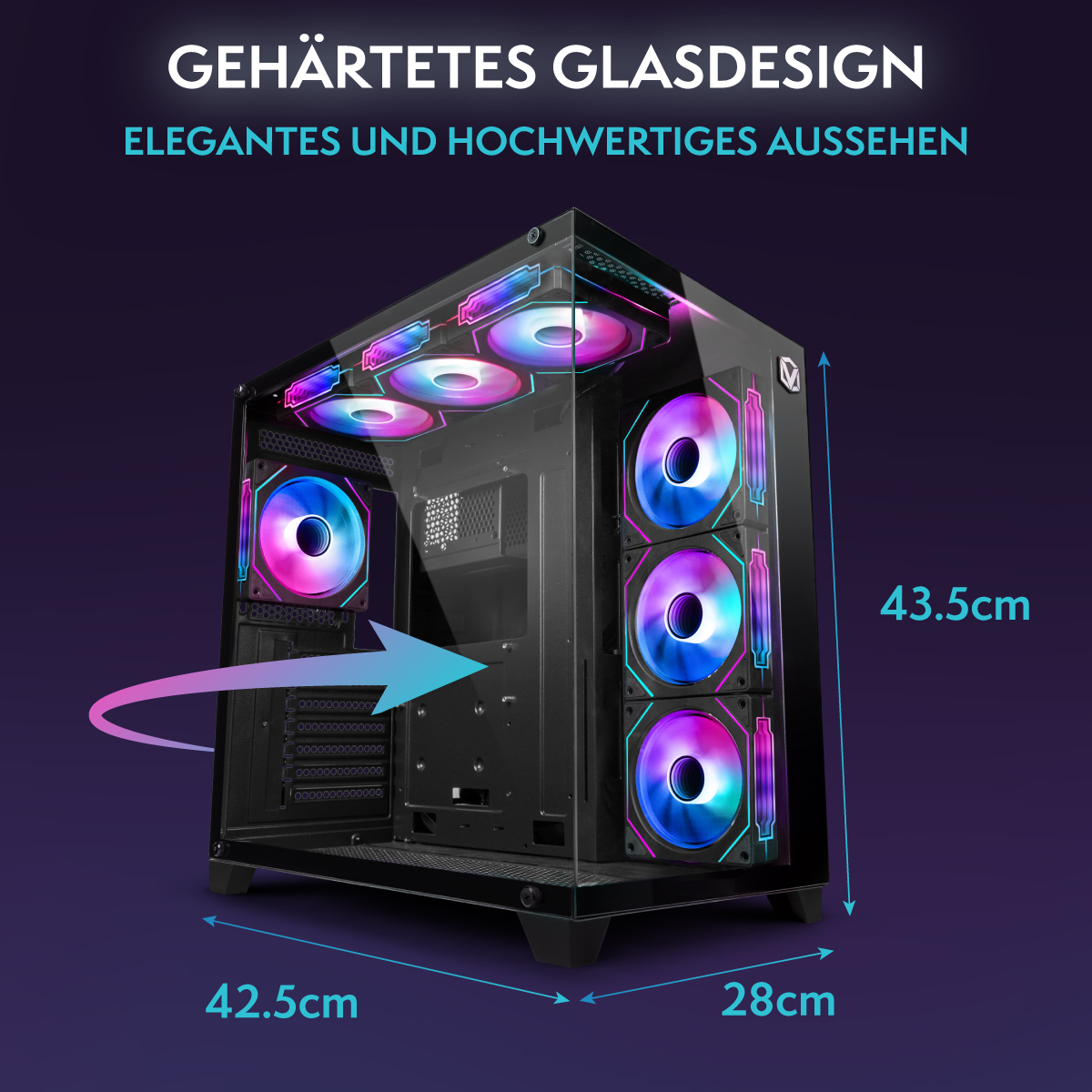 Schwarzes Computergehäuse mit Glasplatte, Abmessungen werden angezeigt. Bunte Lüfter und interne Komponenten sind sichtbar.