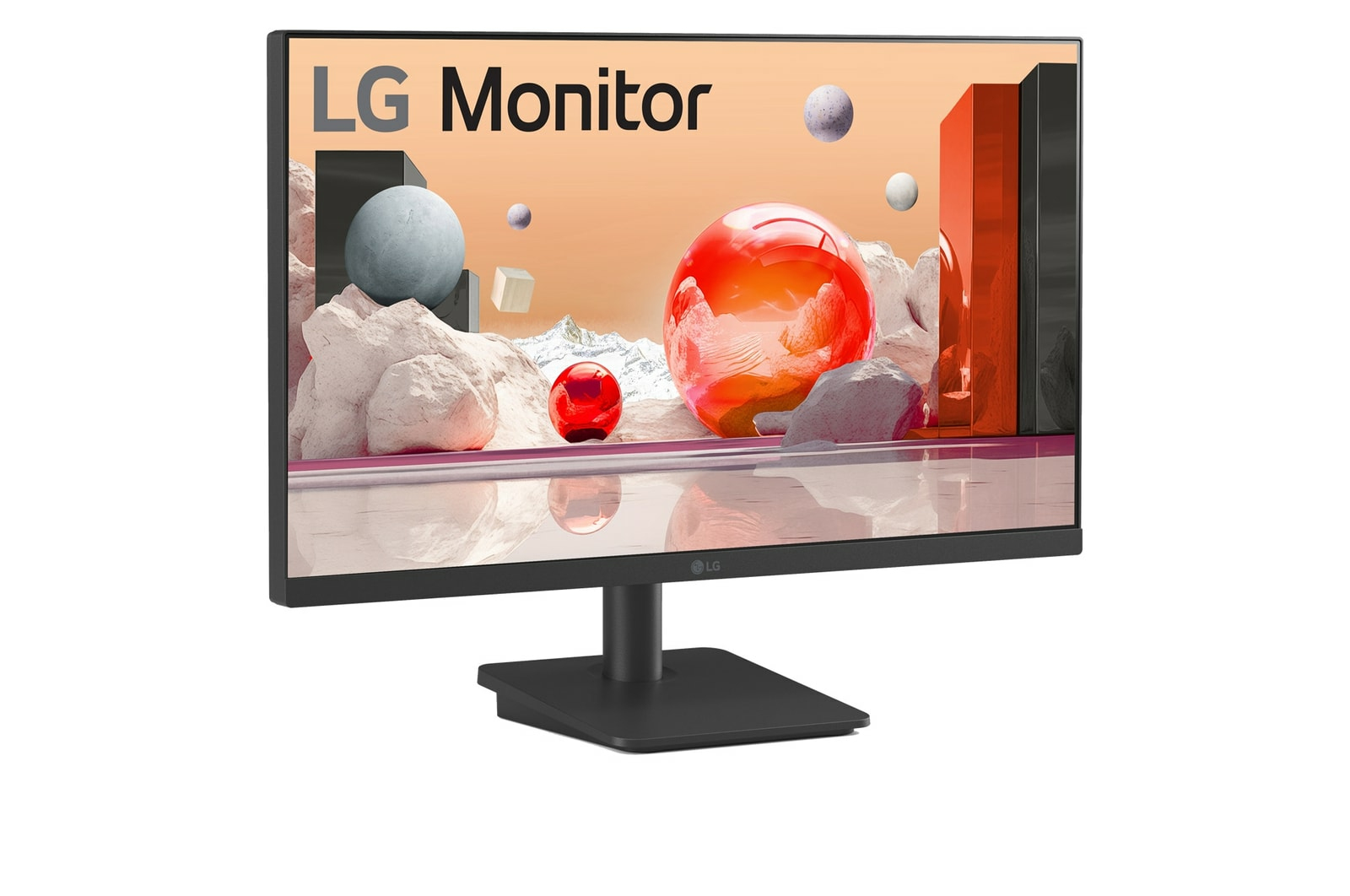 El monitor LG muestra arte abstracto con esferas, cubos y formaciones rocosas. Una gran esfera roja en el centro.