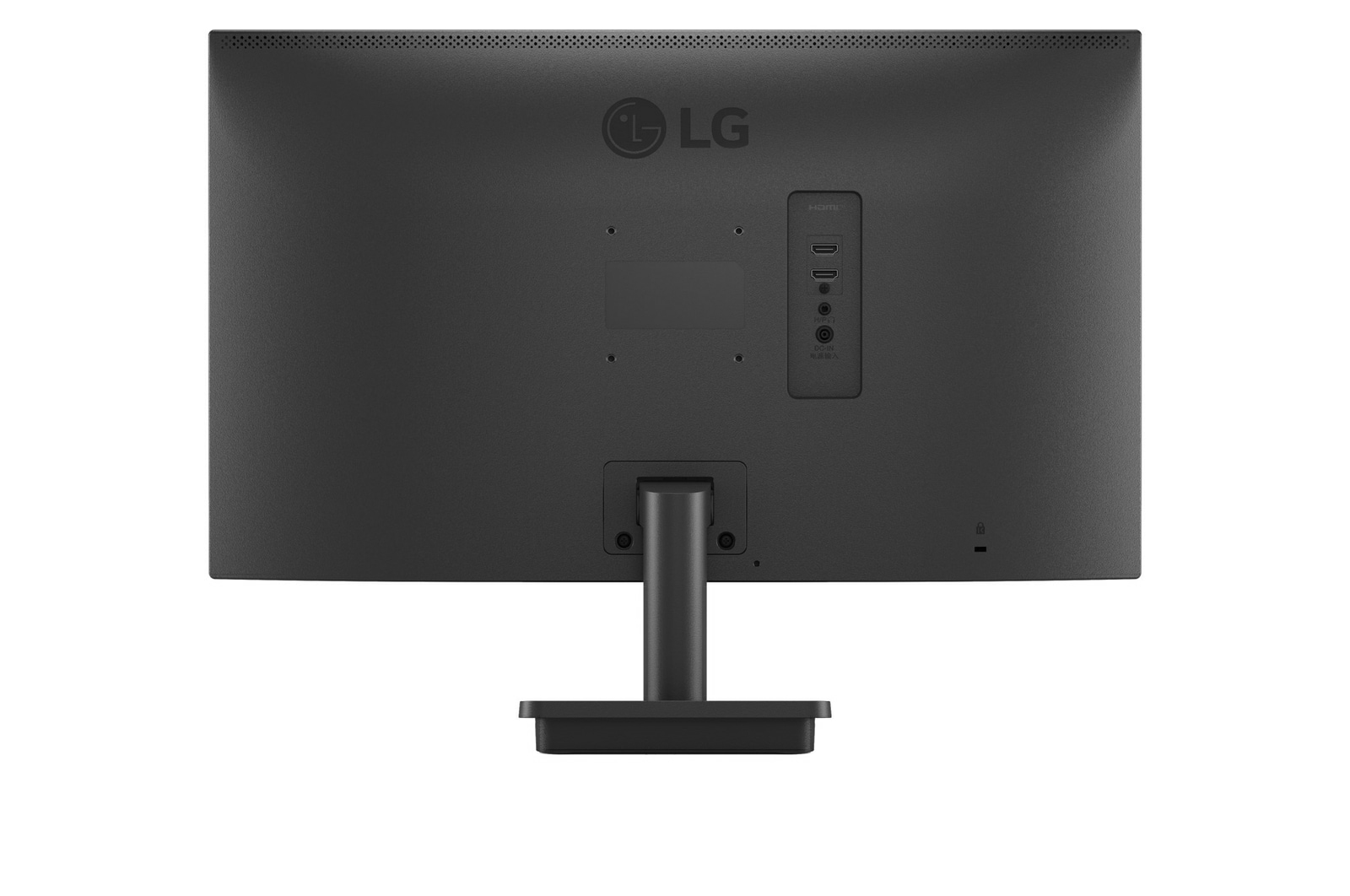 Parte trasera de un monitor LG negro con puertos y soporte visibles. Logotipo de LG en la esquina superior izquierda.