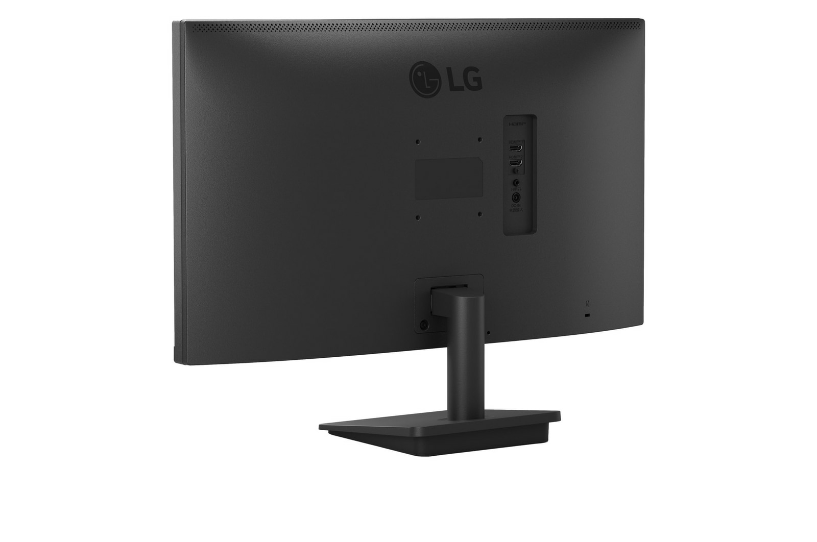 Vista trasera de un monitor LG negro. Se ven puertos, soporte y logotipo. El monitor está sobre una superficie blanca.