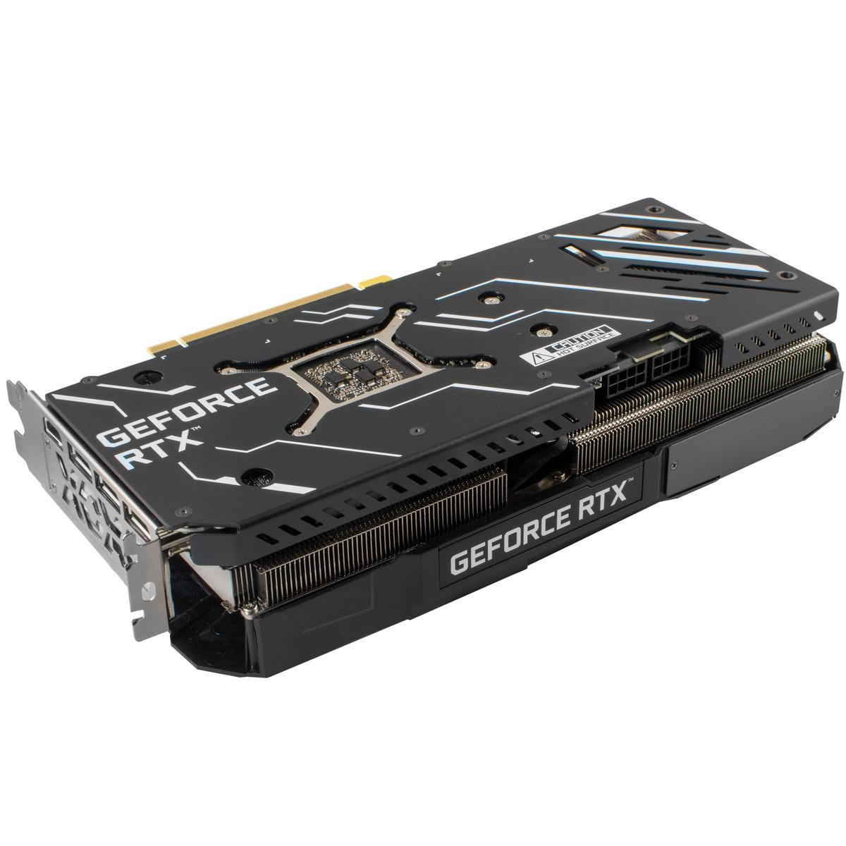 Una scheda grafica GeForce RTX nera e argento. Dettagli: logo GeForce RTX, alette di raffreddamento e connettori di alimentazione.