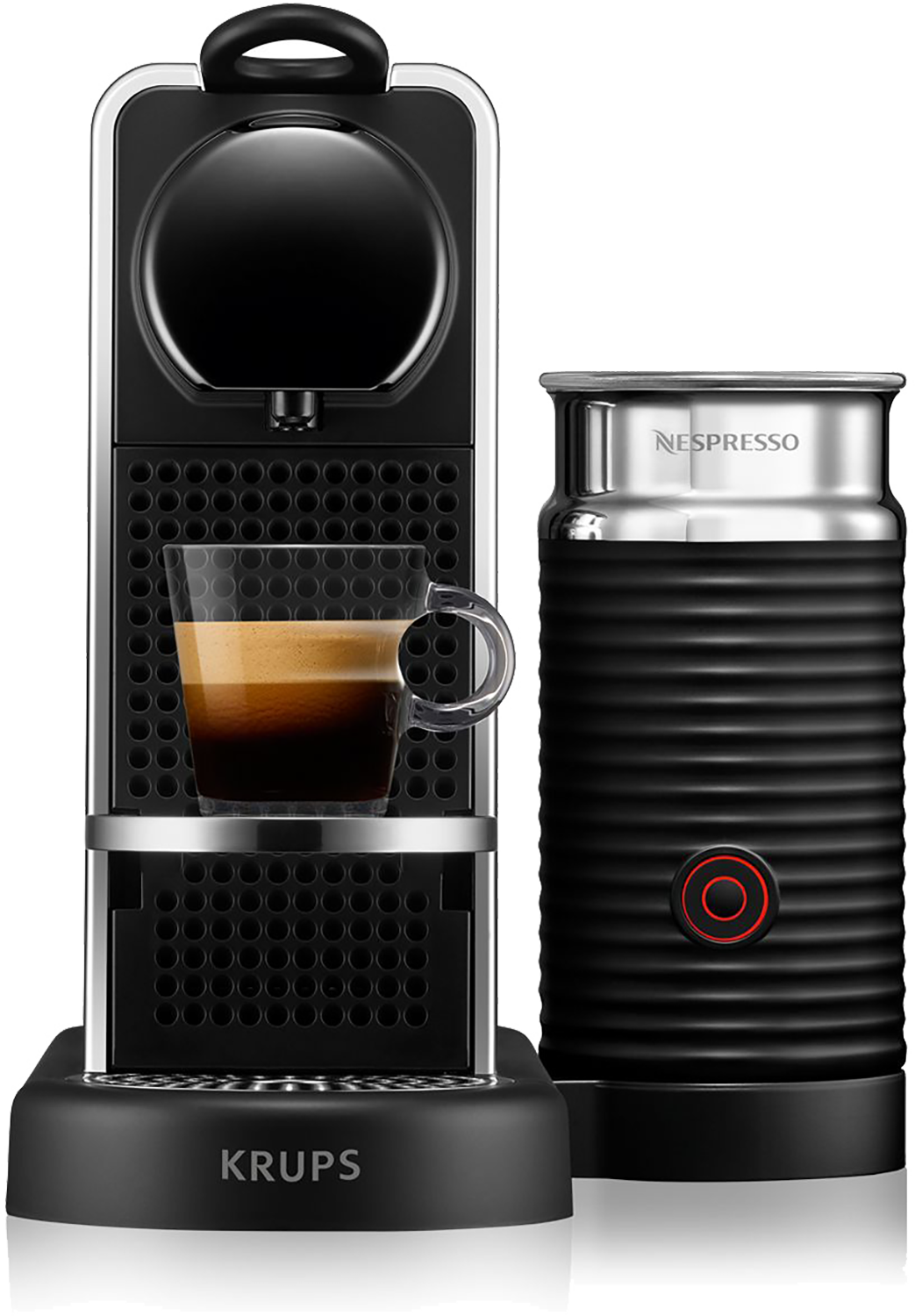 Czarny i srebrny ekspres do kawy Nespresso ze szklanką kawy i spieniaczem do mleka.