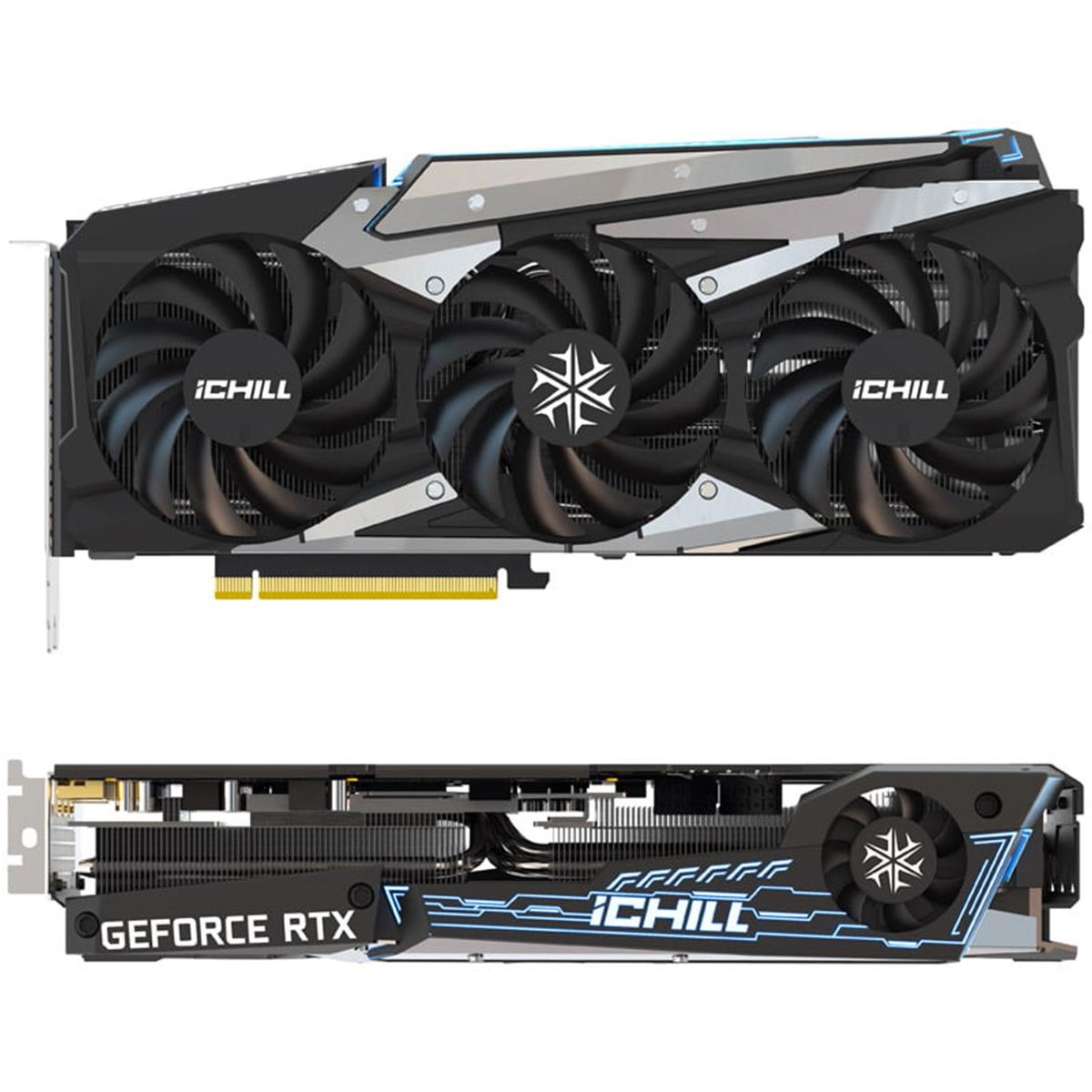 Una scheda grafica iChill GeForce RTX nera e argento con tre ventole e il logo iChill. La scheda ha un logo GeForce RTX.