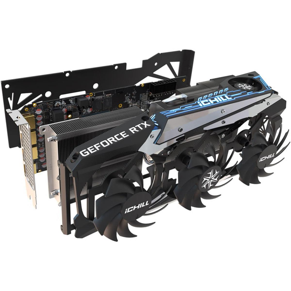 Una scheda grafica, GeForce RTX, con ventole nere e un dissipatore argento e nero. La scheda è parzialmente smontata, mostrando i componenti interni.