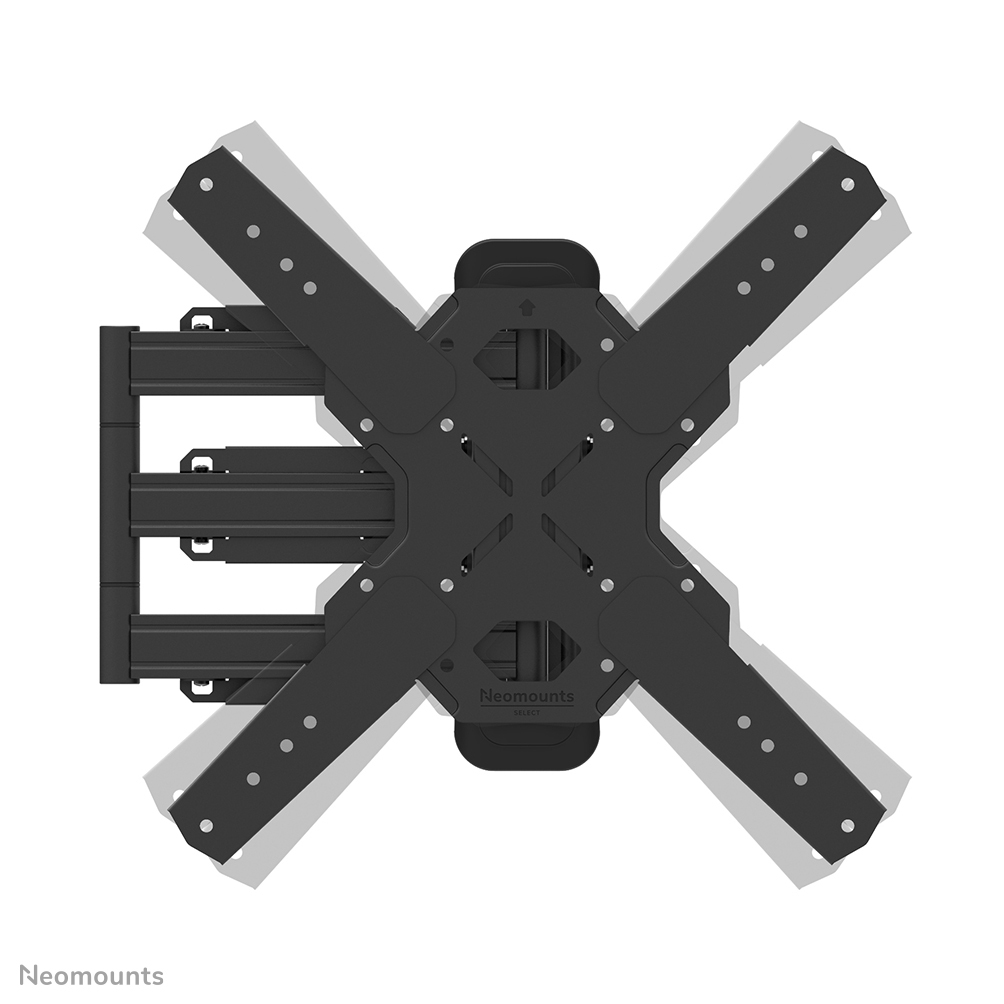 Schwarze TV-Wandhalterung auf weißem Hintergrund. Sie hat ein X-förmiges Design mit horizontalem Arm und dem Neomounts-Logo.