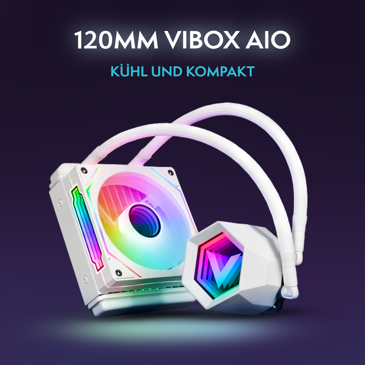 Ein weißer 120-mm-VIBOX-AIO-Kühler mit RGB-Beleuchtung. Er hat einen quadratischen Radiator und einen sechseckigen Pumpenkopf, verbunden durch weiße Schläuche.