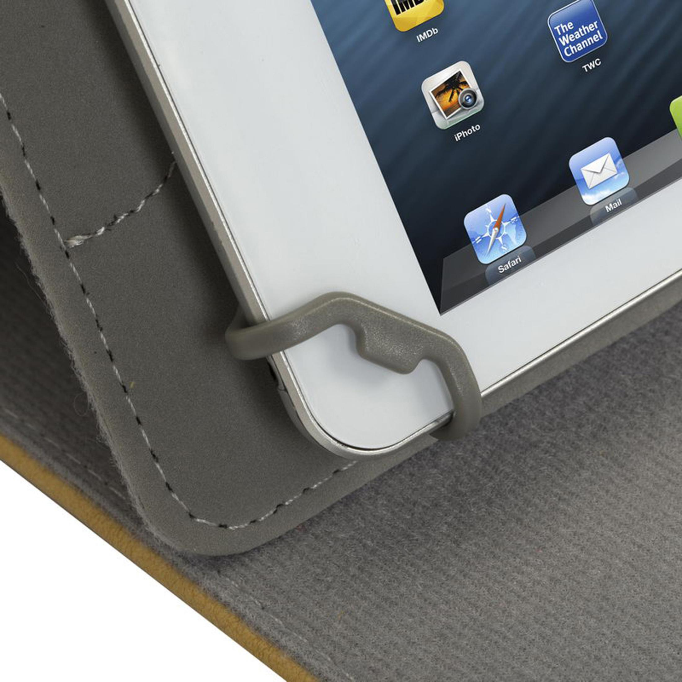 Un iPad in una custodia grigia. Le icone sullo schermo includono IMDb, iPhoto, Safari e Mail. La custodia è aperta, mostrando lo schermo.