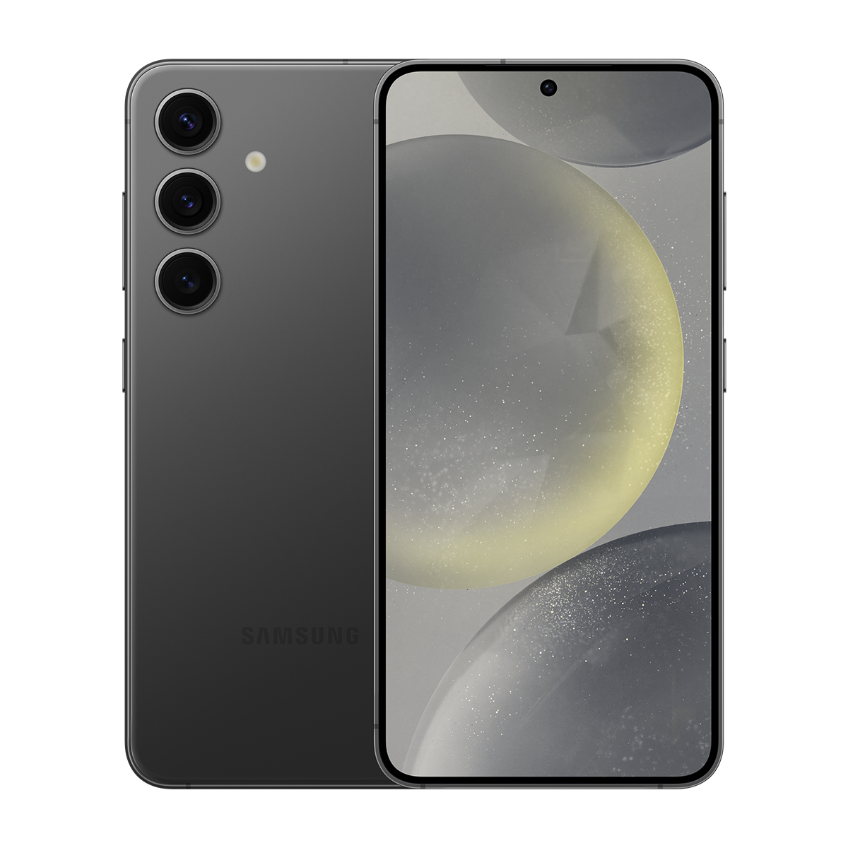 Koyu gri bir Samsung akıllı telefon, ön ve arka görünüm. Üç arka kamera ve bir ön kamera görülebilir. Ekran soyut şekiller gösteriyor.