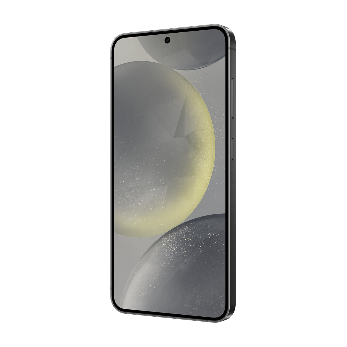 Siyah çerçeveli bir akıllı telefon, ekranda soyut gri ve sarı küreler gösteriyor. Telefon açılı bir şekilde duruyor.