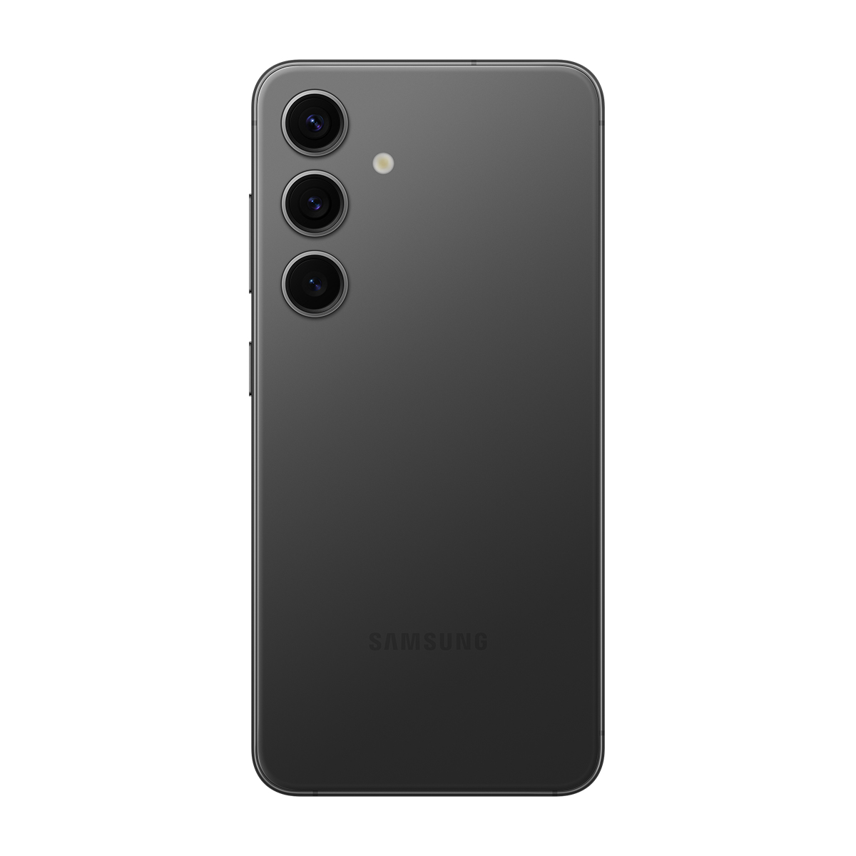 Koyu gri bir Samsung akıllı telefon, arka görünüm, üç kamera ve dikey hizalanmış bir flaş ile. Alt kısımda 'SAMSUNG' yazıyor.