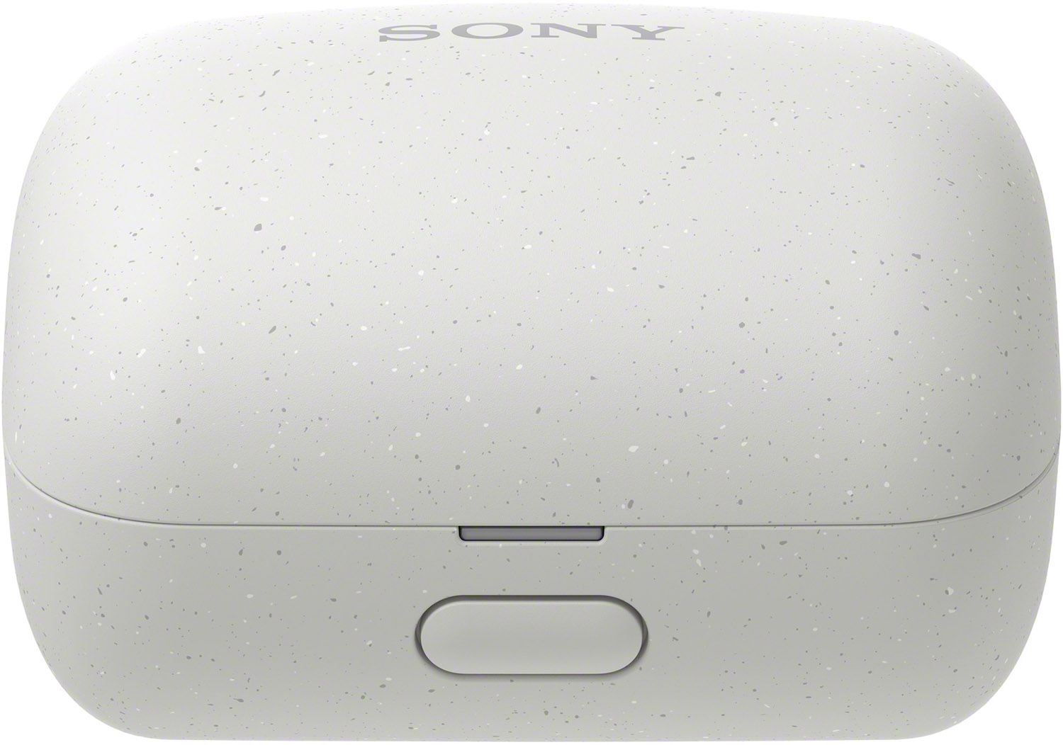 Se muestra un estuche de auriculares Sony gris claro y moteado. La marca está en la parte superior. La funda está cerrada y tiene un botón ovalado.