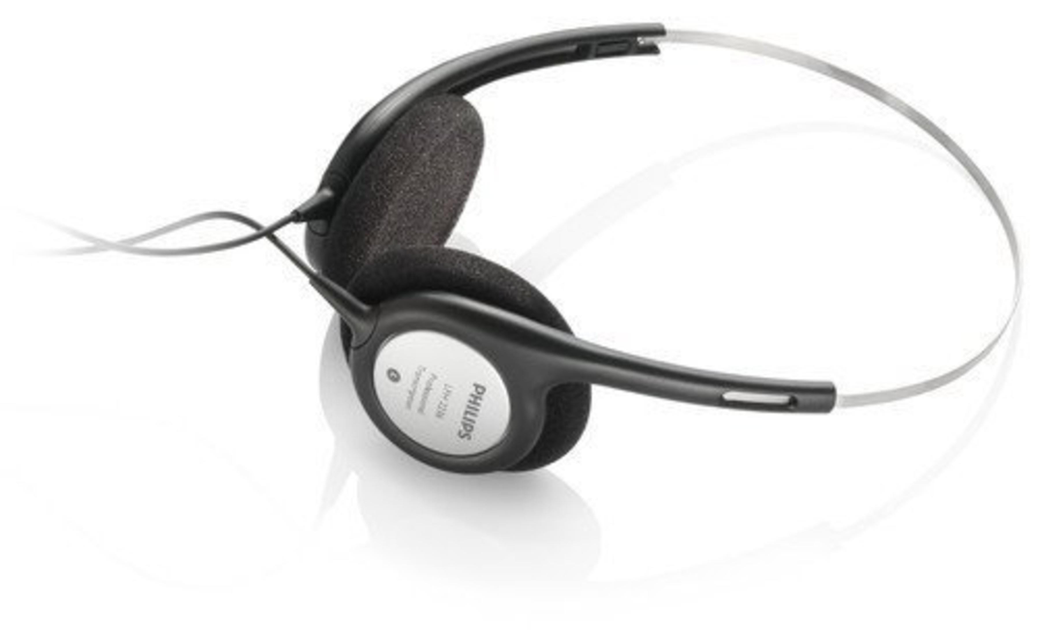 Auriculares Philips negros con diadema gris sobre fondo blanco. Los auriculares son negros y tienen almohadillas grises. El cable es gris.
