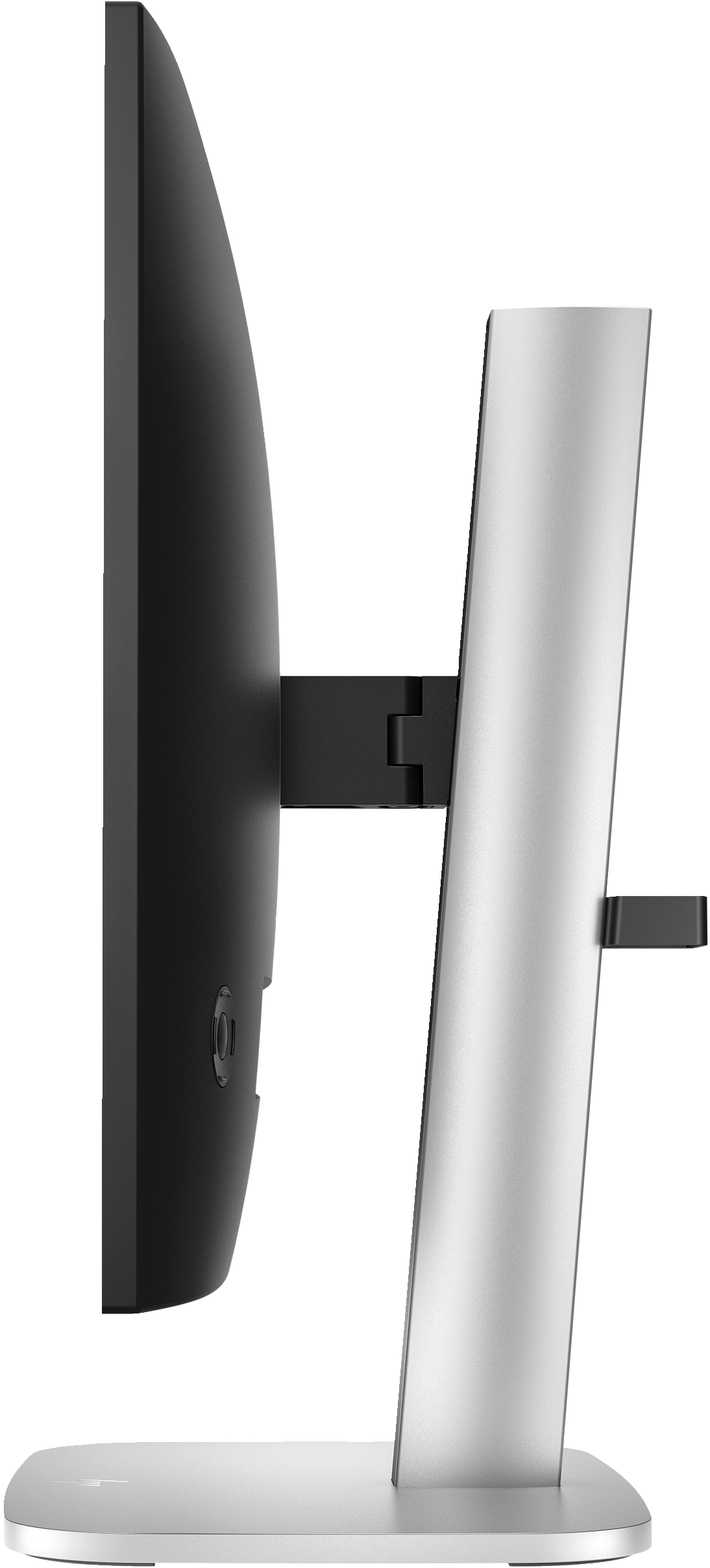 Widok z boku monitora komputera z czarnym ekranem, czarną podstawą i srebrną podstawą, wszystko na białym tle.