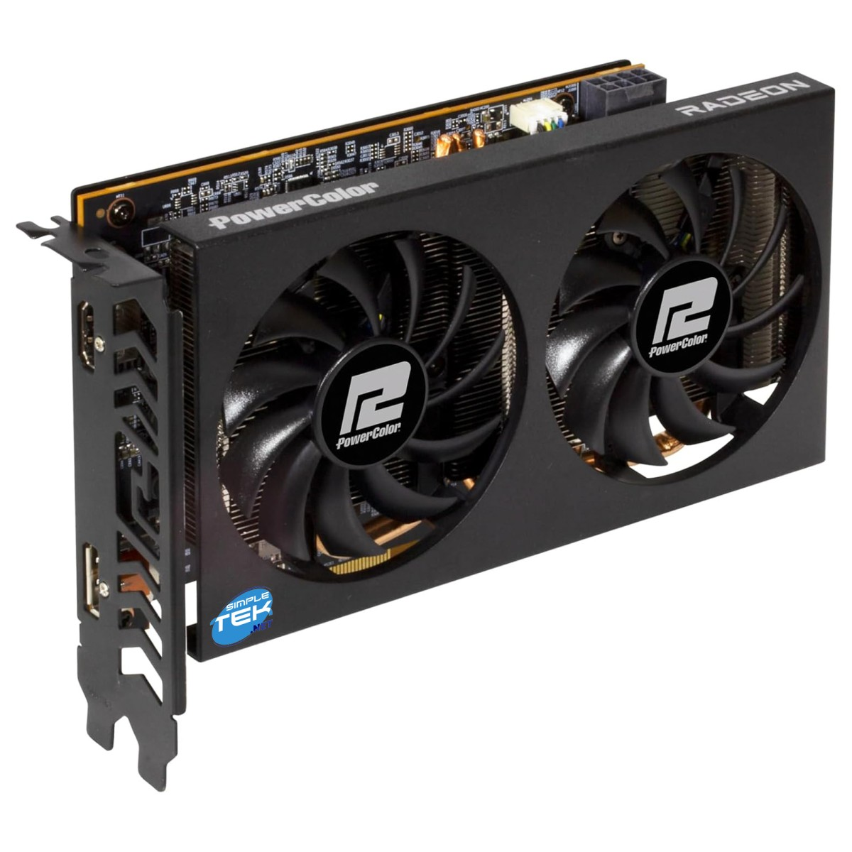Czarna karta graficzna PowerColor Radeon z dwoma wentylatorami. Karta ma logo i tekst PowerColor oraz naklejkę SimpleTek.