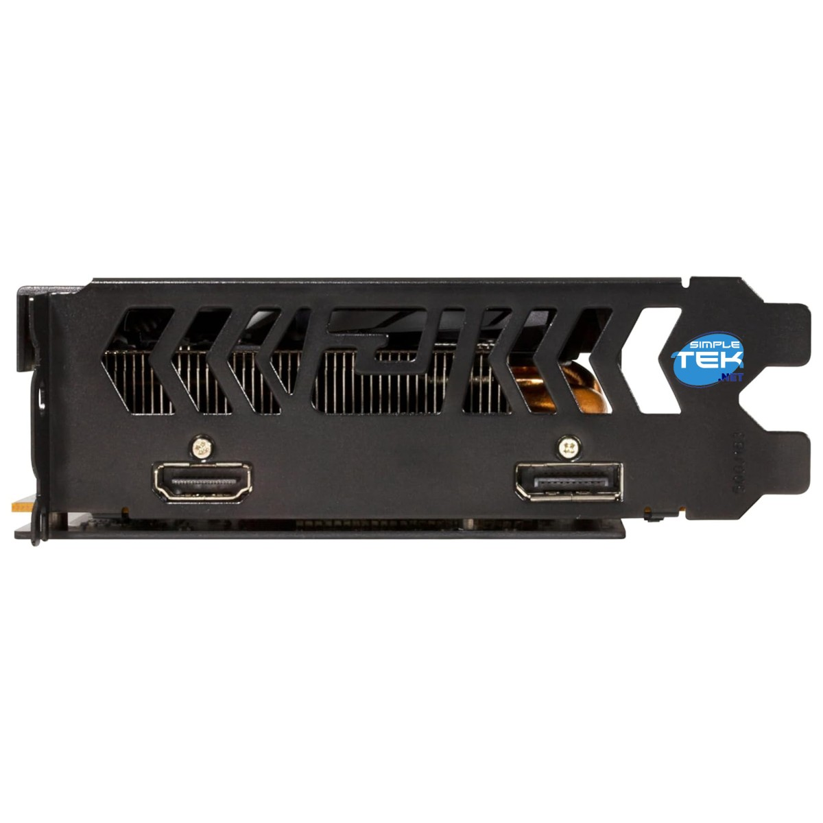 Czarna karta graficzna z portami HDMI i logo Simple Tek, z metalową obudową z otworami wentylacyjnymi.