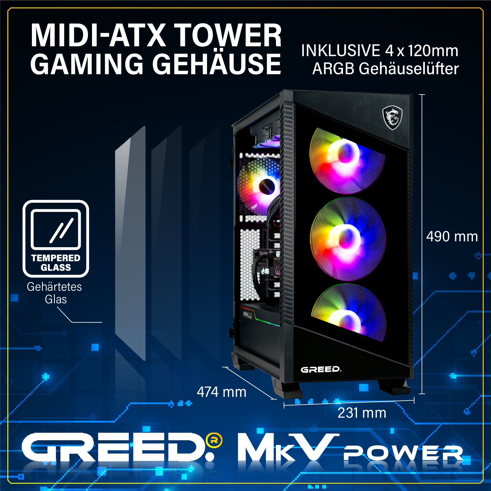 Czarna obudowa komputera ze szkłem hartowanym. Posiada kolorowe wentylatory ARGB. Wymiary są wyświetlane. Marka to GREED.
