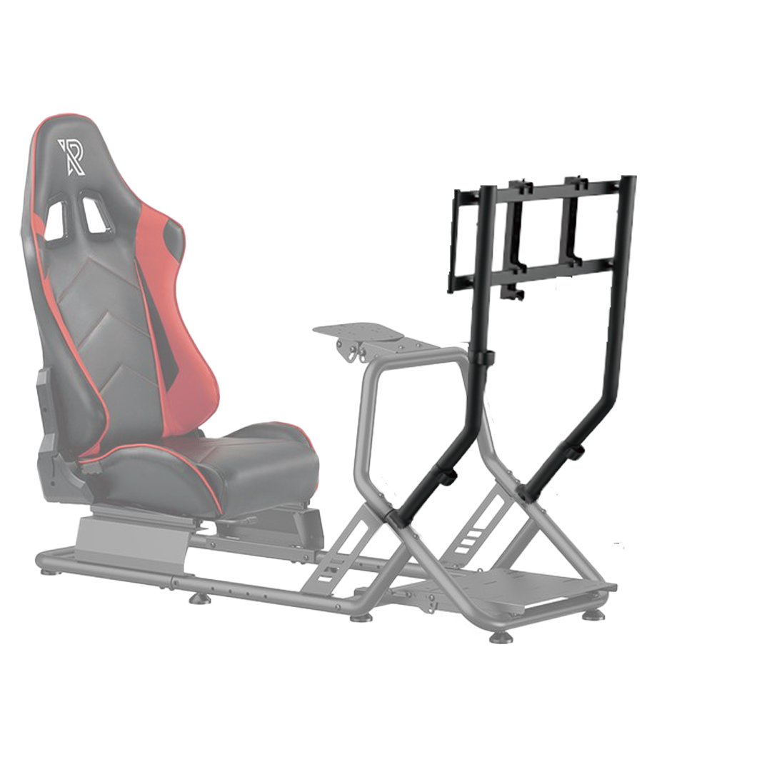 Gaming-Simulator-Cockpit. Schwarzer und roter Sitz, Monitorständer und grauer Rahmen. Weißer Hintergrund.