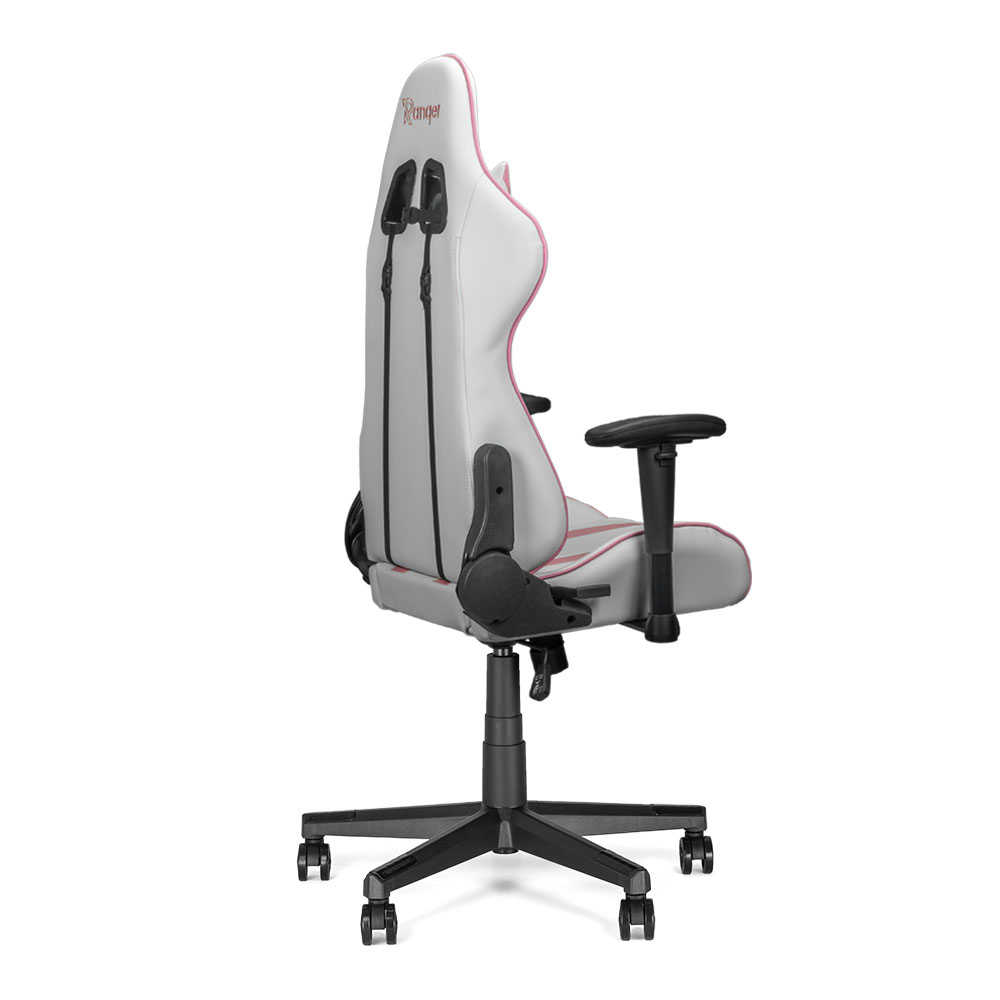 Une chaise de jeu blanche et grise avec des accents roses. Elle a des accoudoirs noirs, une base à cinq étoiles et des roues.