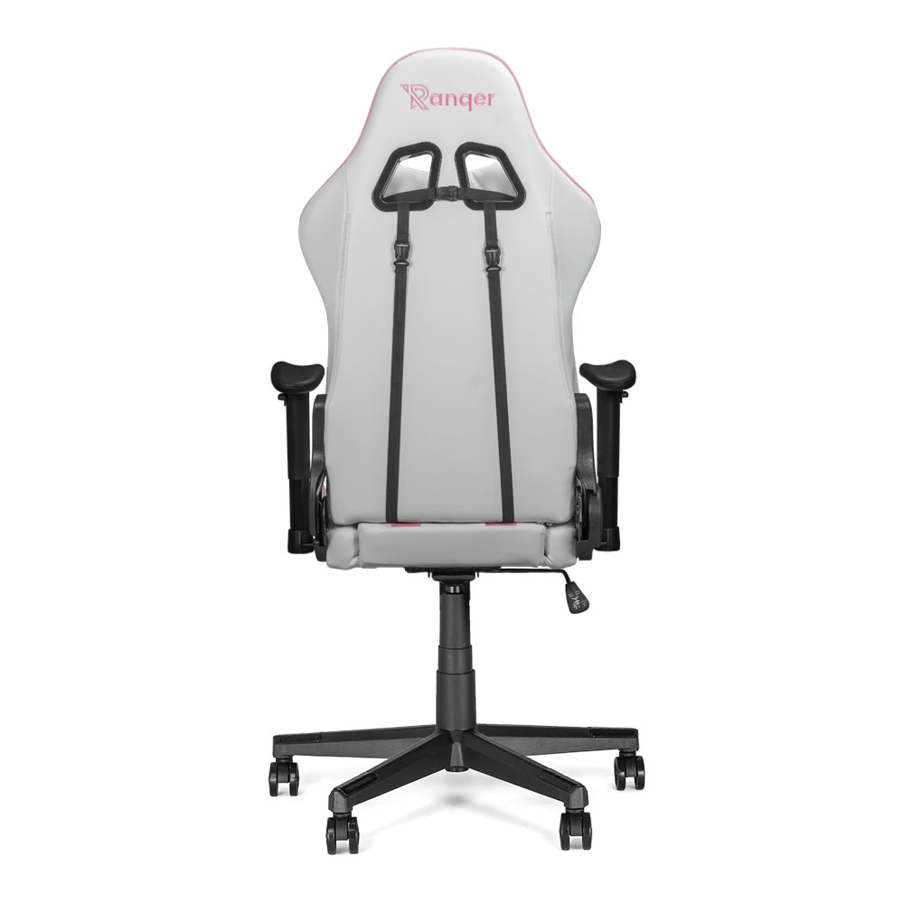 Vue arrière d'une chaise gaming blanche et grise avec accoudoirs noirs, base noire et logo Ranger rose.