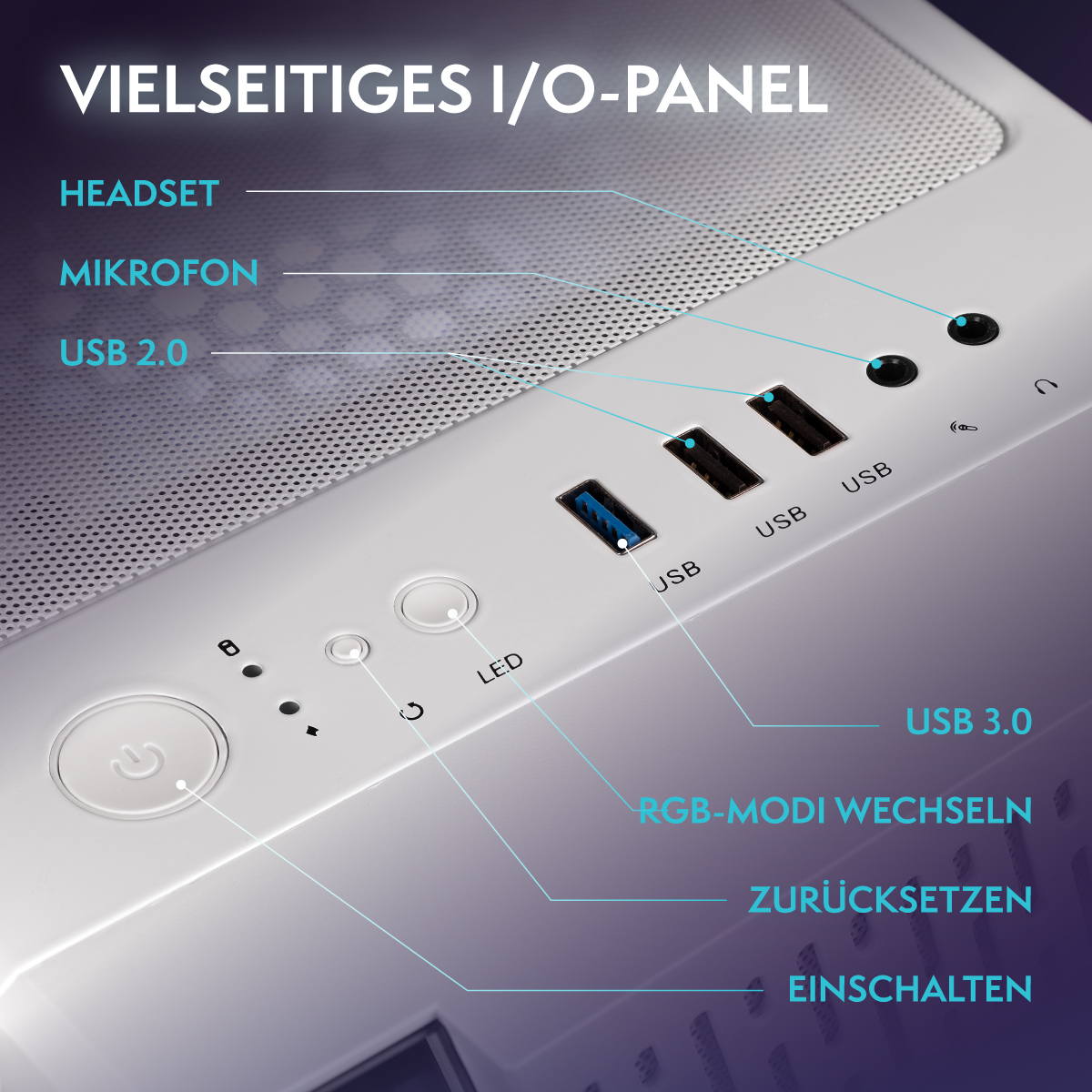Nahaufnahme der I/O-Blende eines Computergehäuses. Es zeigt Anschlüsse für USB, Headset, Mikrofon und Tasten für Strom, Reset und LED.