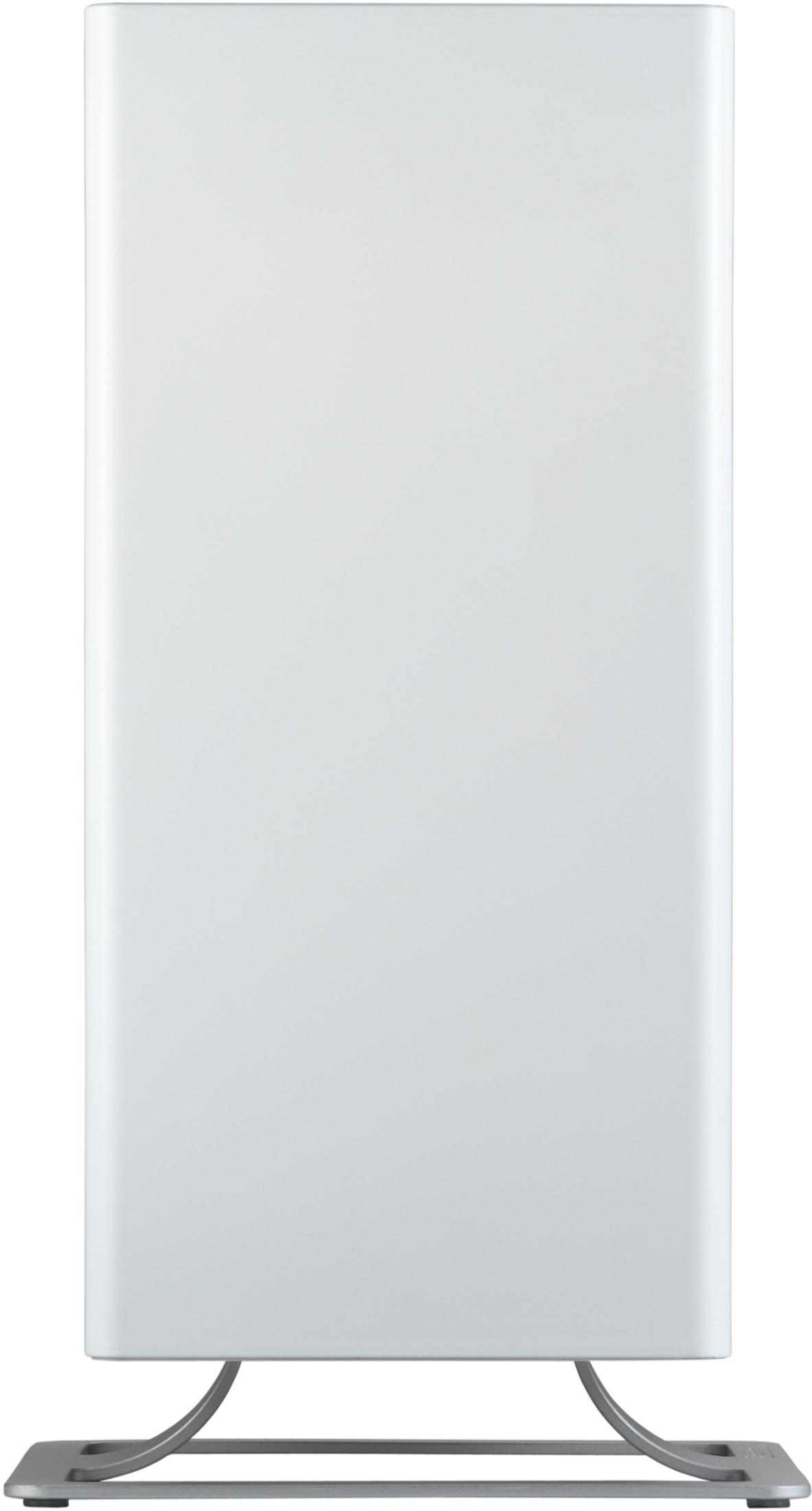 A white rectangular object with a curved metal base. The object has rounded corners and a smooth surface.