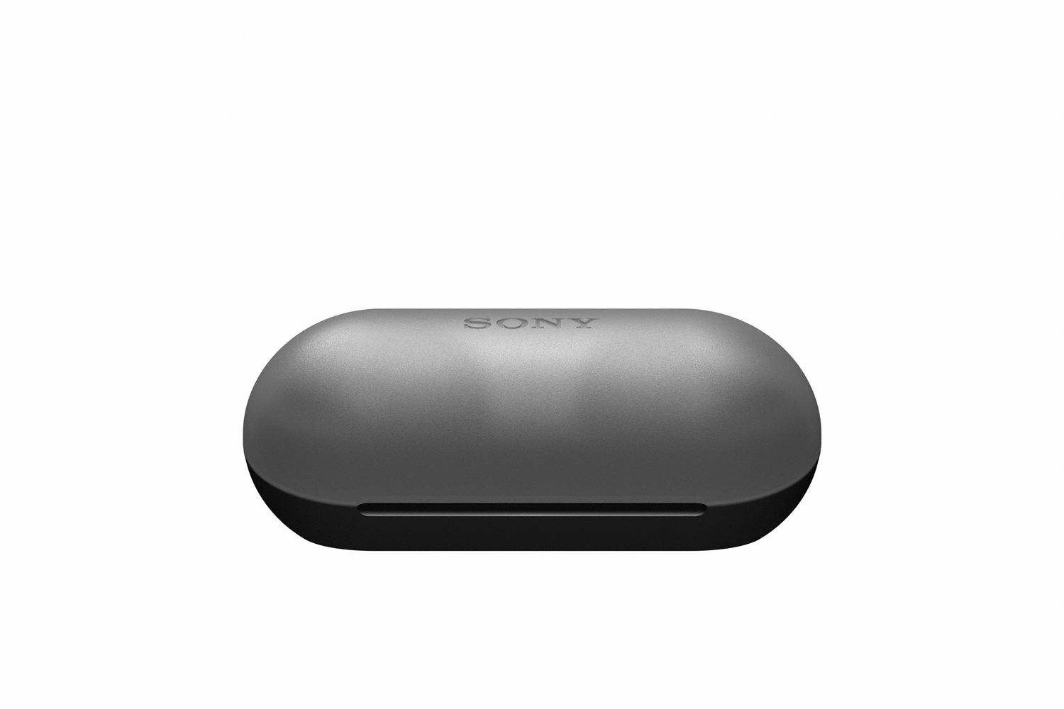 Un estuche de auriculares Sony gris, de forma ovalada. Tiene un acabado mate y el logotipo de Sony en la parte superior. El fondo es blanco.