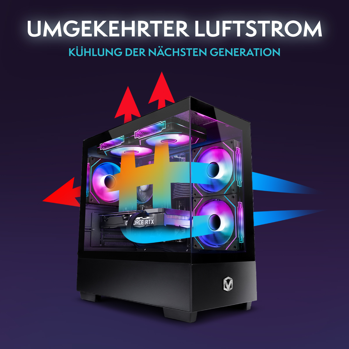 Una caja de ordenador negra con ventiladores coloridos y flechas que indican el flujo de aire. El texto superior dice "Refrigeración de flujo de aire invertido de la próxima generación".