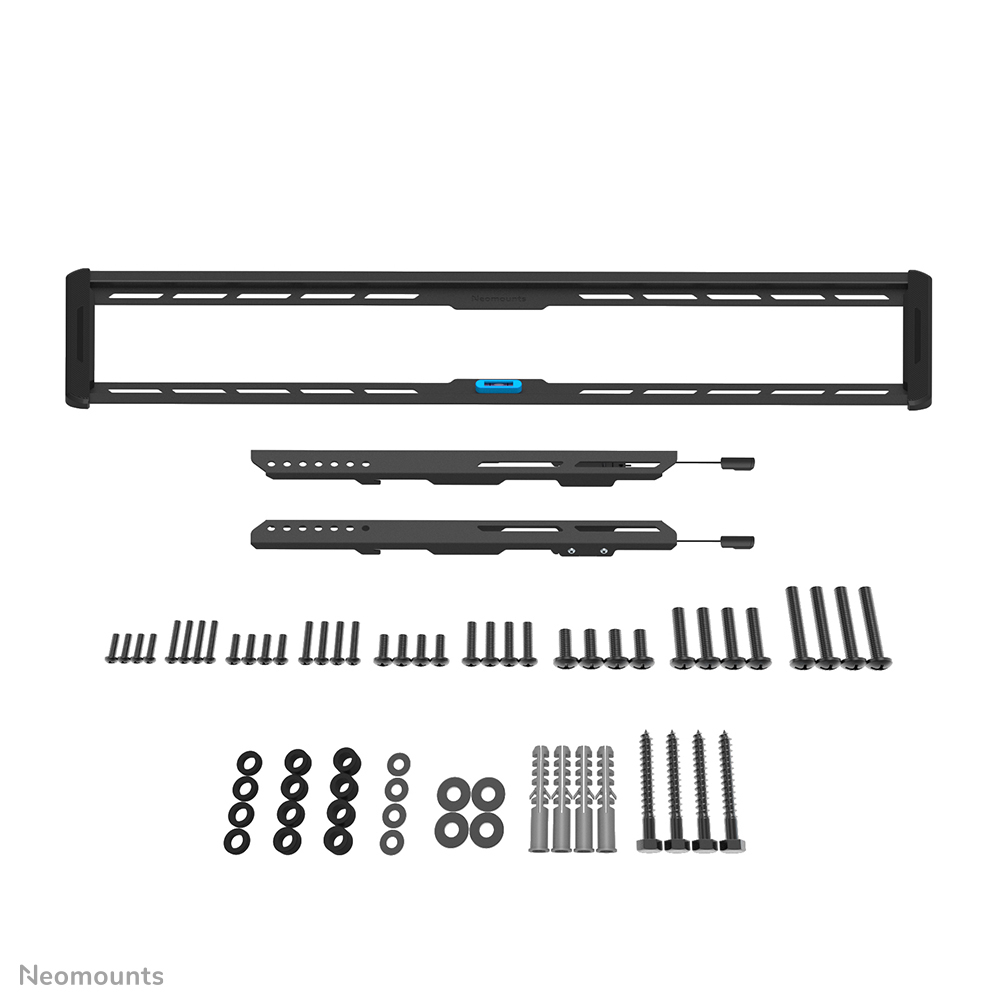 Composants noirs de support TV. Comprend cadre, bras, vis, rondelles et chevilles. Fond blanc.