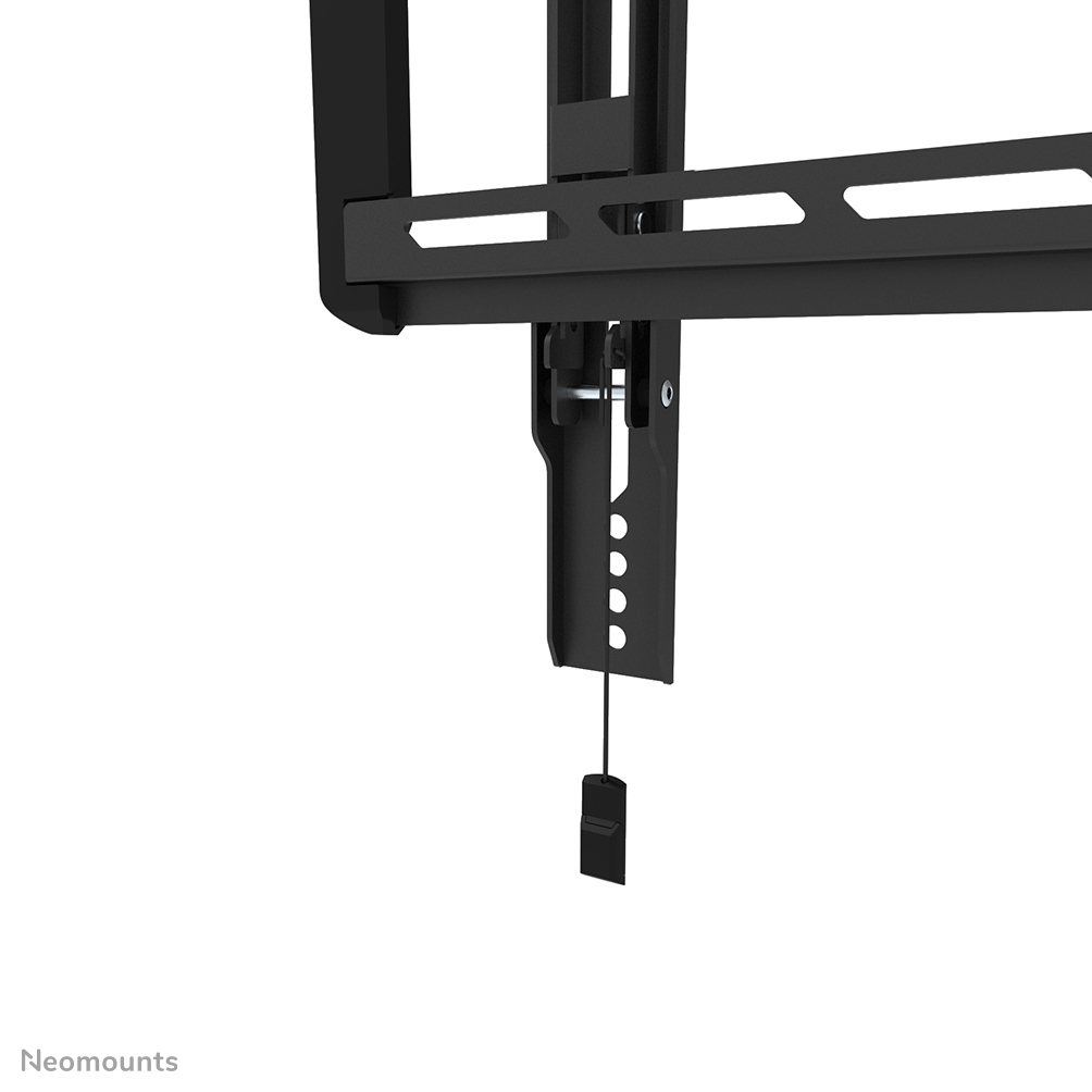 Support mural TV noir sur fond blanc. Il comprend une barre horizontale, un support vertical et un cordon de traction.