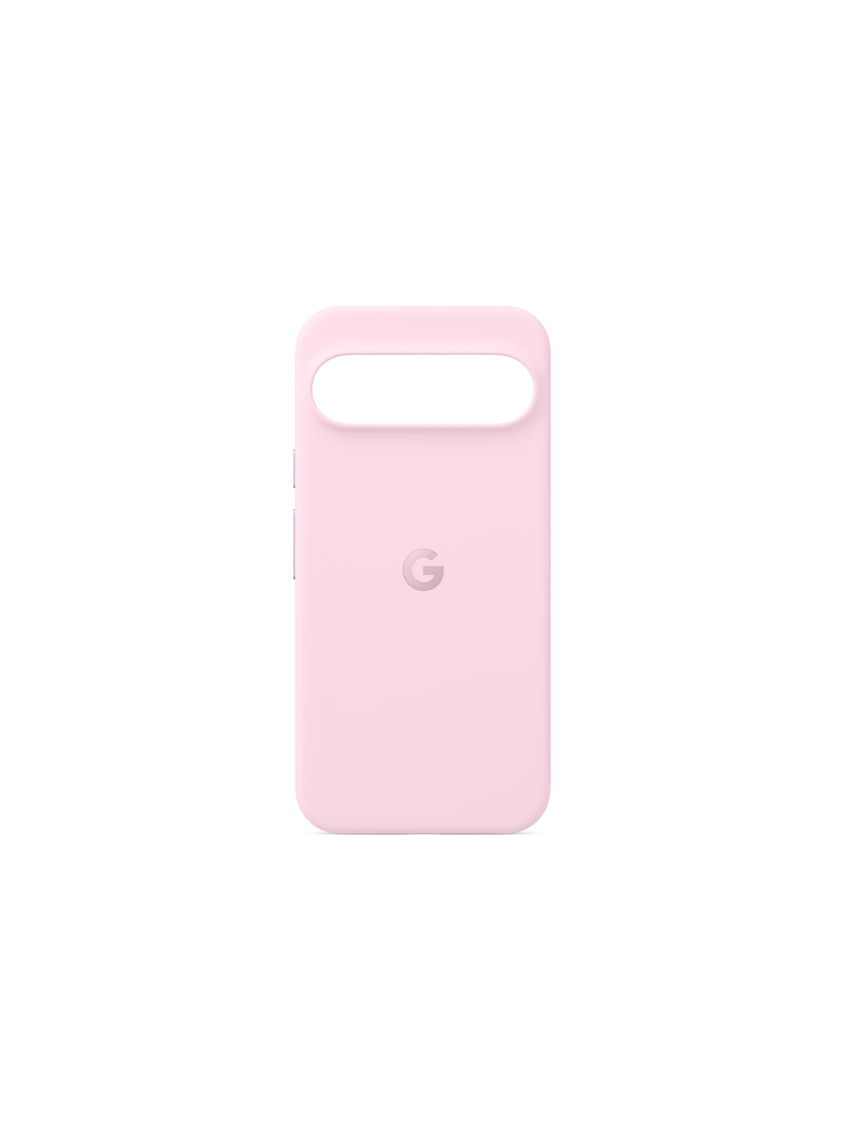 Una custodia per telefono rosa chiaro, con un ritaglio per la fotocamera e il logo Google, su sfondo bianco.