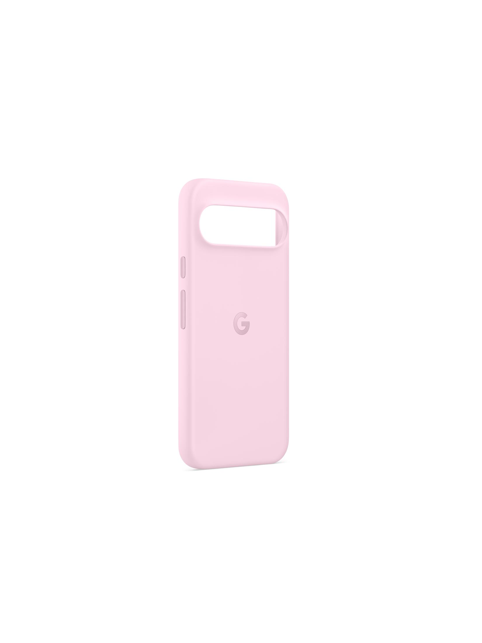 Una custodia per telefono rosa chiaro è in piedi. Ha un ritaglio per la fotocamera e un logo 'G'. Lo sfondo è bianco.