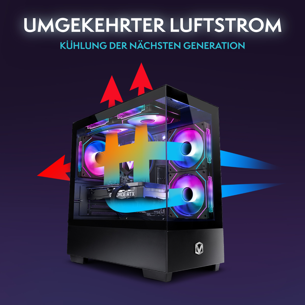 Ein Computergehäuse mit Lüftern und farbigen Pfeilen. Der Text lautet 'Umgekehrter Luftstrom' und 'Kühlung der nächsten Generation'.