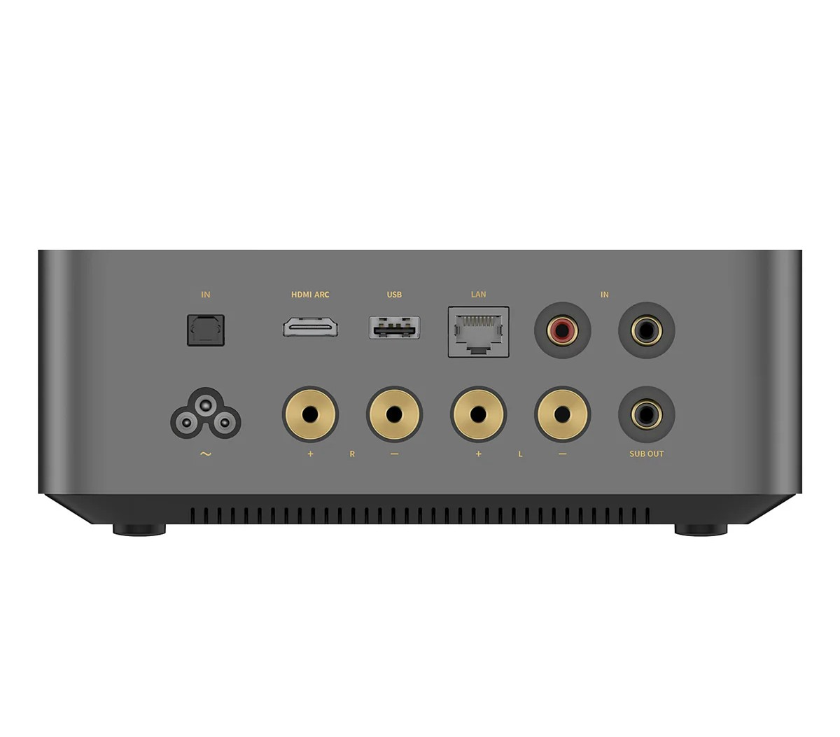Ein graues Audiogerät mit verschiedenen Ein-/Ausgangsanschlüssen: HDMI, USB, LAN und Audiobuchsen. Textbezeichnungen zeigen die Funktionen an.