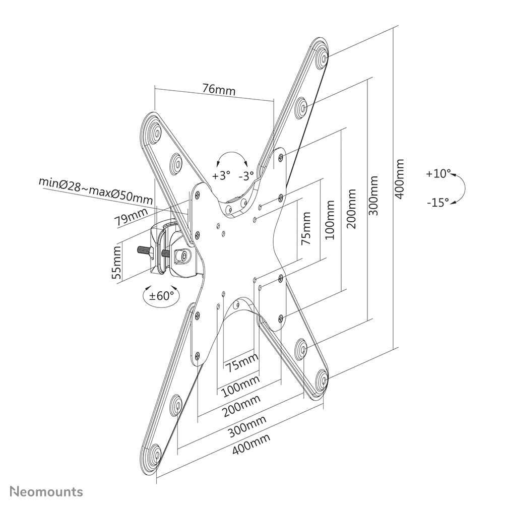 Schéma d'un support TV avec dimensions. Il a des bras s'étendant vers l'extérieur, des mesures en mm et des angles indiqués autour de la partie centrale.