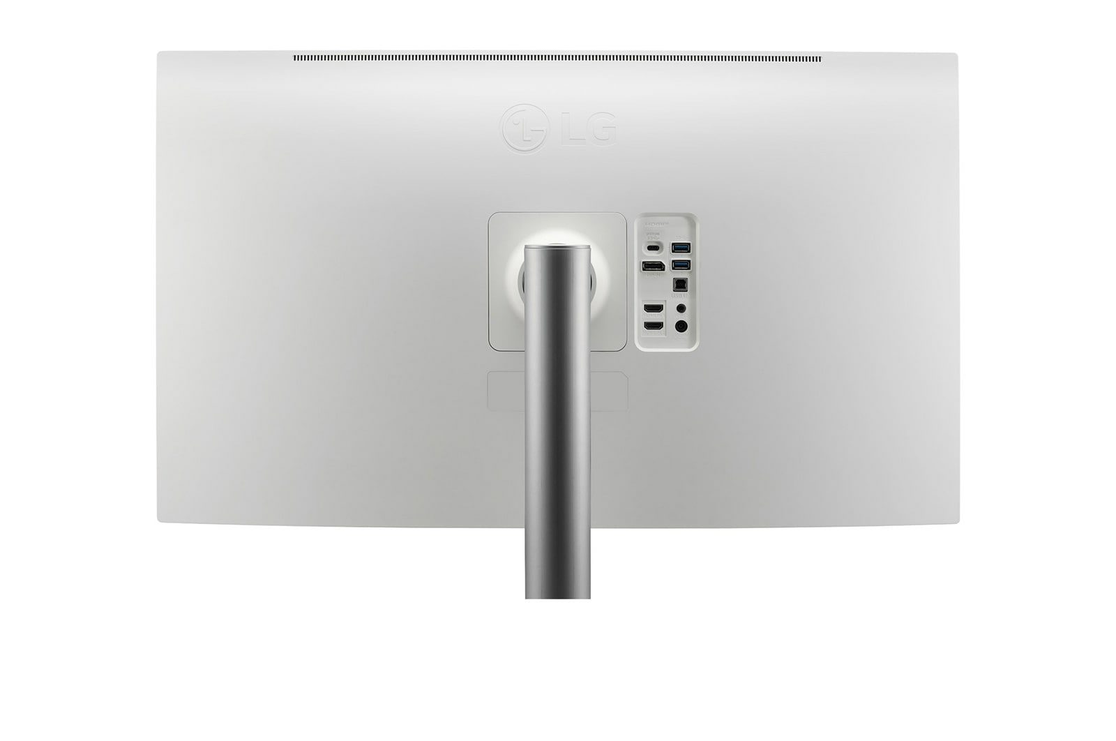 Tył monitora LG. Biały z portami, podstawą i logo LG. Srebrna podstawa, różne porty i elegancki design.