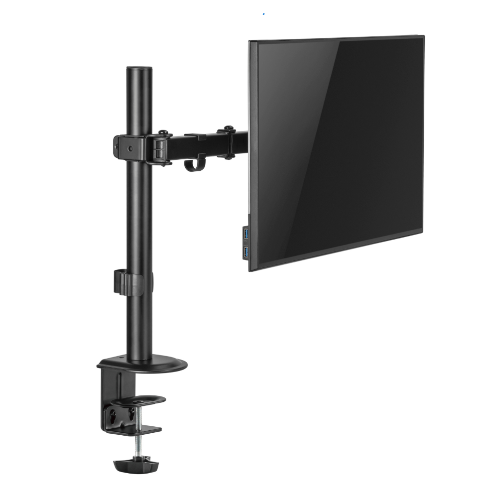 A black monitor is mounted on a black arm. The arm has a clamp to attach to a desk. The monitor has two USB ports.