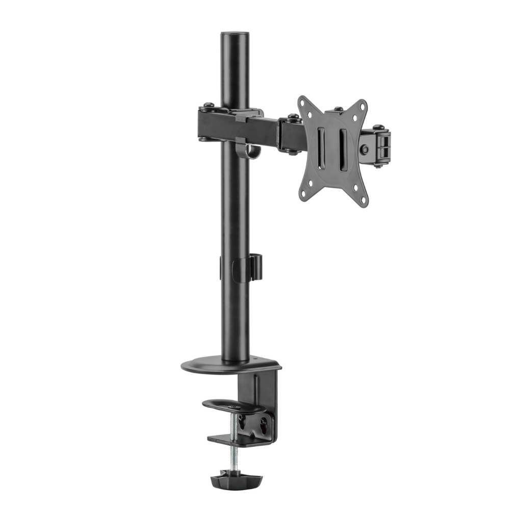 A black monitor mount with a clamp. It has a vertical pole, an arm, and a mounting bracket for a monitor. Isolated on white.