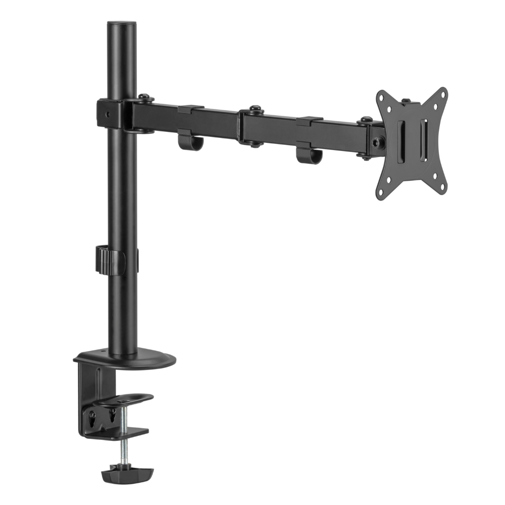 A black monitor mount. It has a clamp, a vertical pole, and an arm to hold the monitor. The background is white.