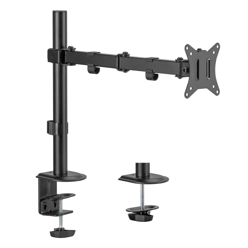 Black monitor arm on a white background. It has a clamp, adjustable arm, and a plate for attaching the monitor.
