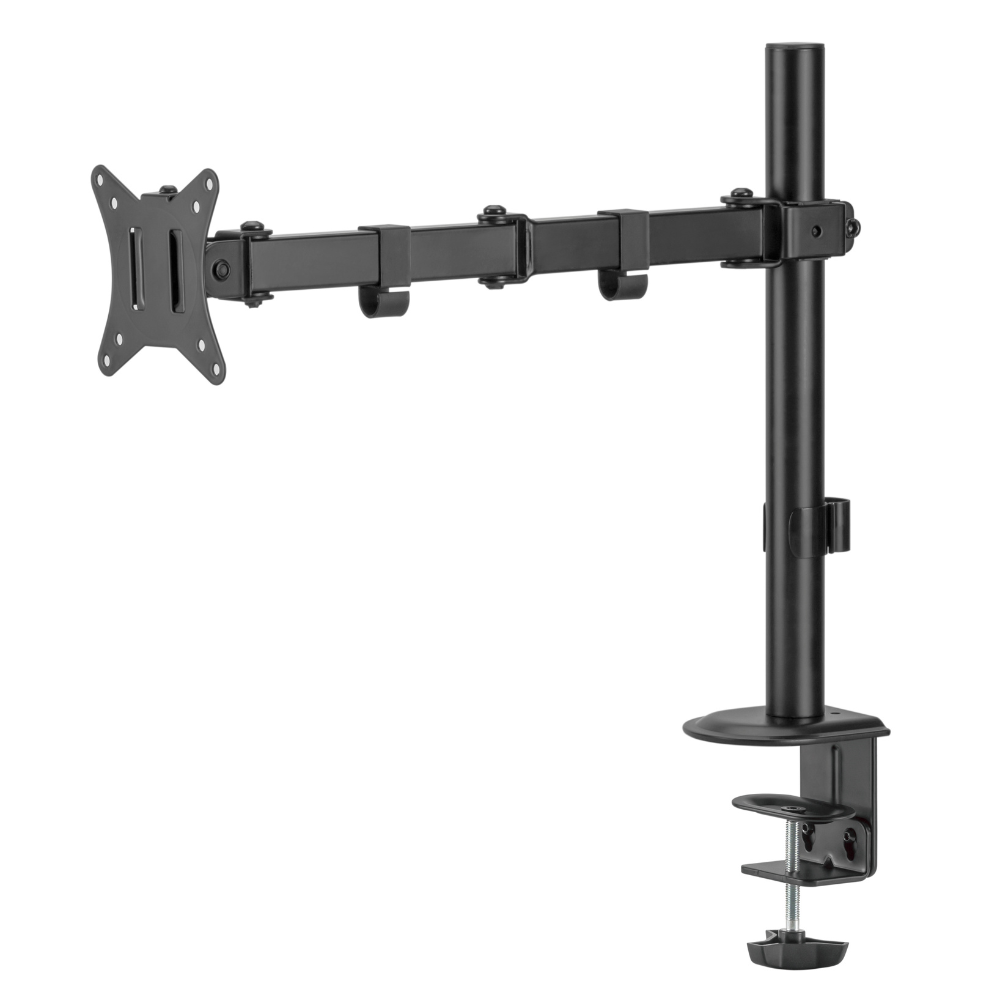 A black monitor mount. It has a clamp, arm, and a VESA plate for mounting the monitor. All components are black.