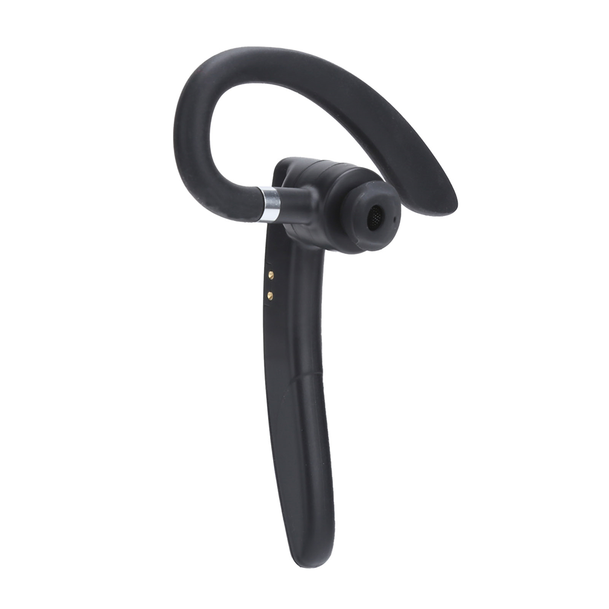 Schwarzes drahtloses Headset. Es hat einen Ohrbügel und ein Mikrofon. Der Hintergrund ist weiß.