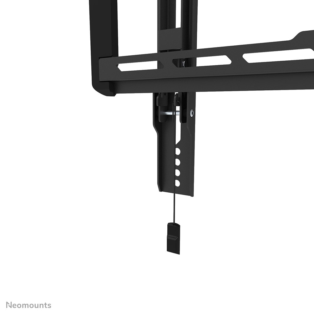Support mural de télévision noir avec barres horizontales, support vertical et un cordon suspendu avec une petite pièce noire à l'extrémité.