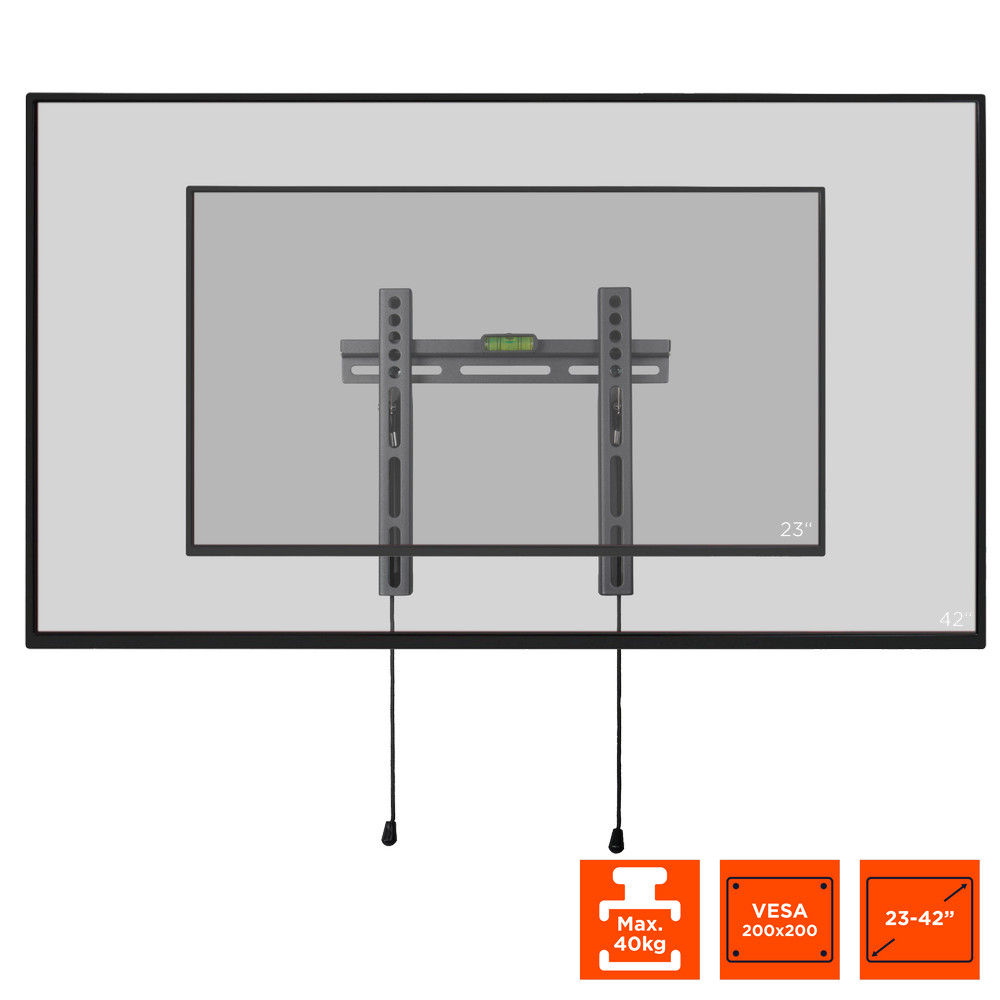 Eine TV-Halterung mit Wasserwaage, Hängekabeln und Symbolen für Tragfähigkeit, VESA-Größe und Bildschirmgröße.