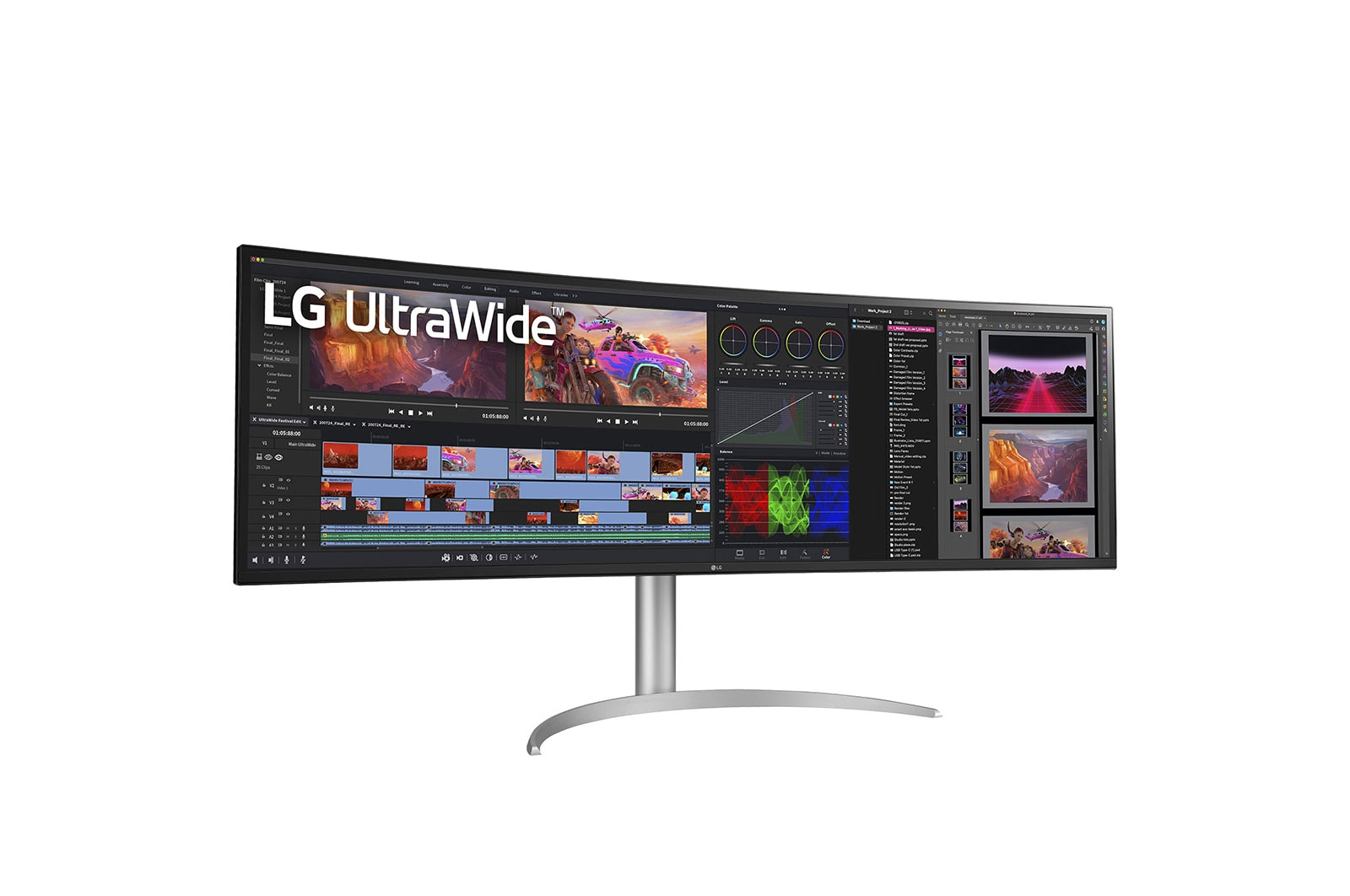 Zakrzywiony monitor LG UltraWide wyświetla interfejs edycji wideo. Ekran pokazuje oprogramowanie do edycji wideo z osiami czasu i narzędziami.